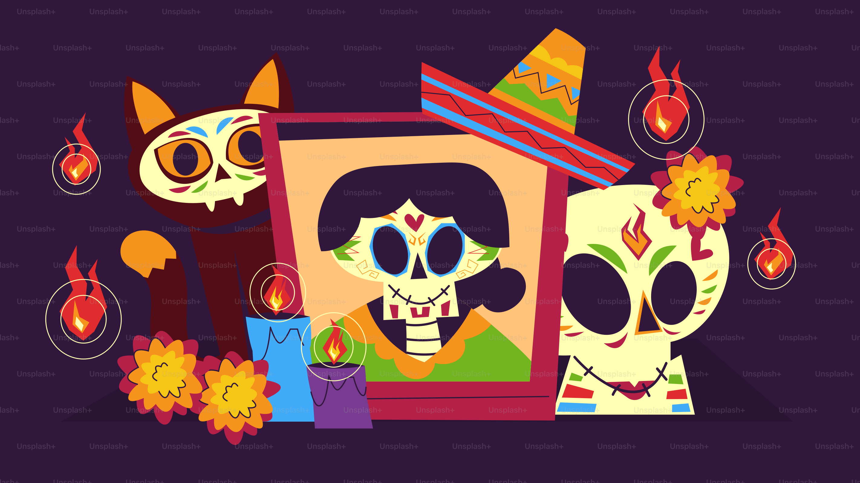 Day of the dead altar with skulls and candles