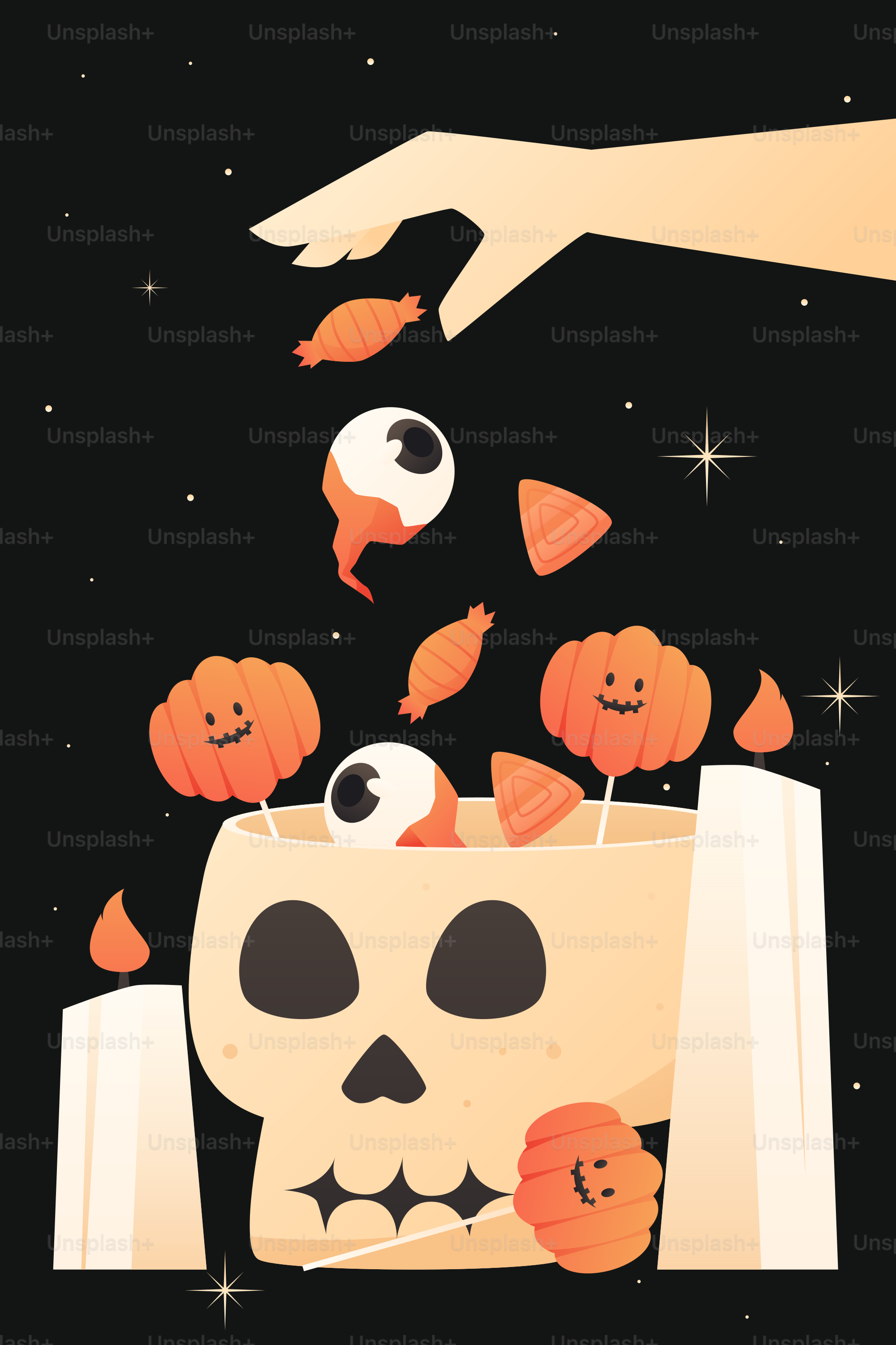 Hand dropping halloween candy into a skull bowl