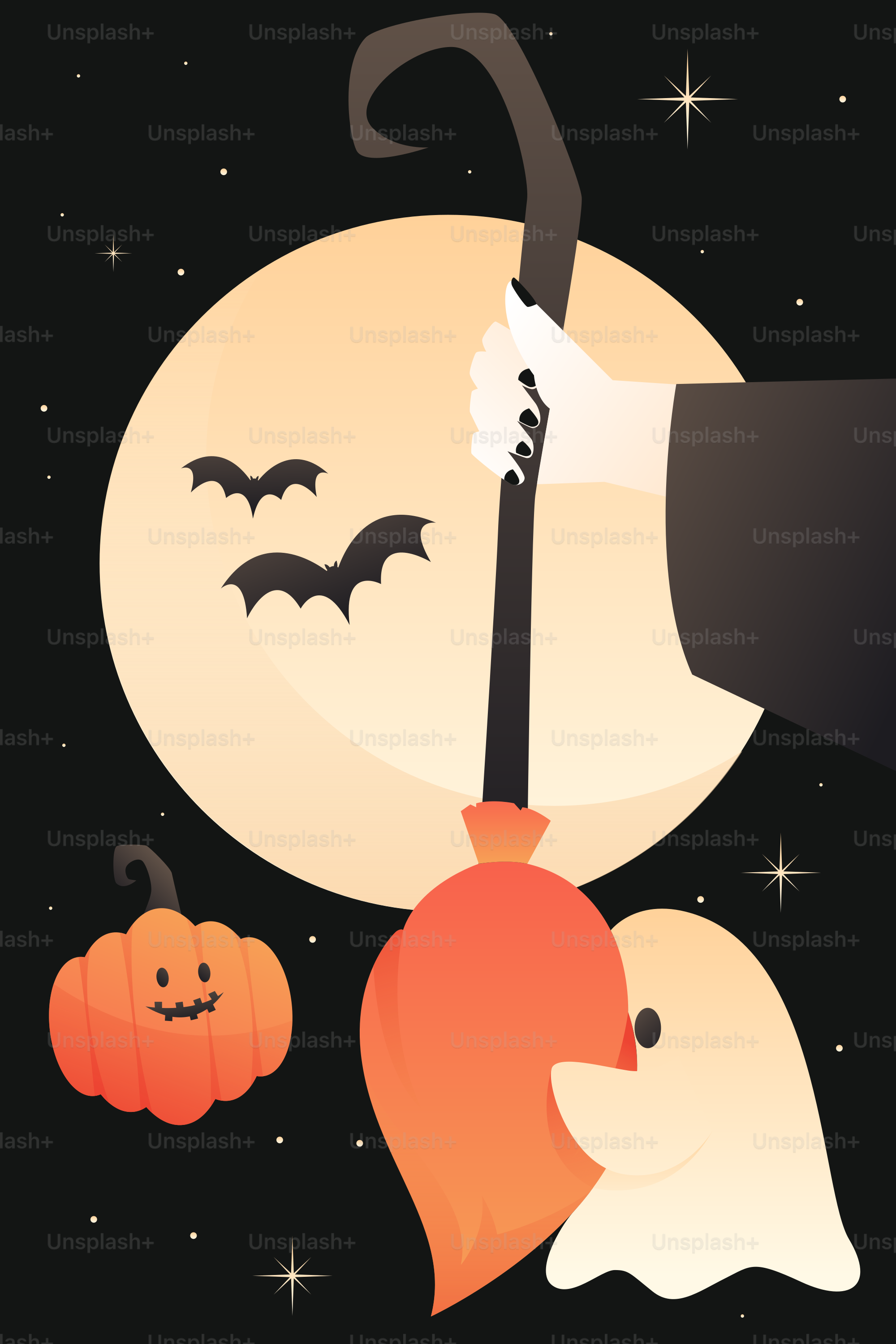 Halloween scene with witch, ghost, pumpkin, and moon