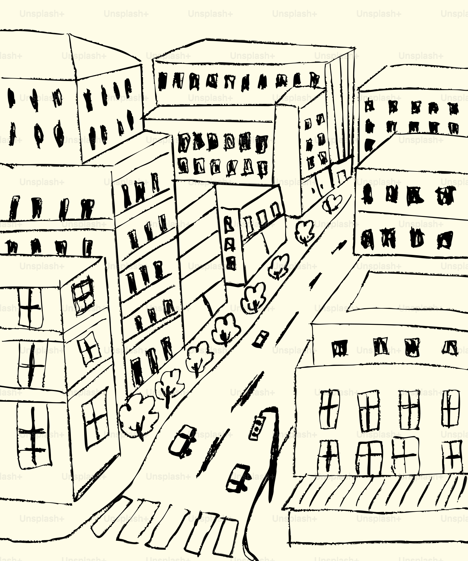 Sketch of a city street with buildings and cars.
