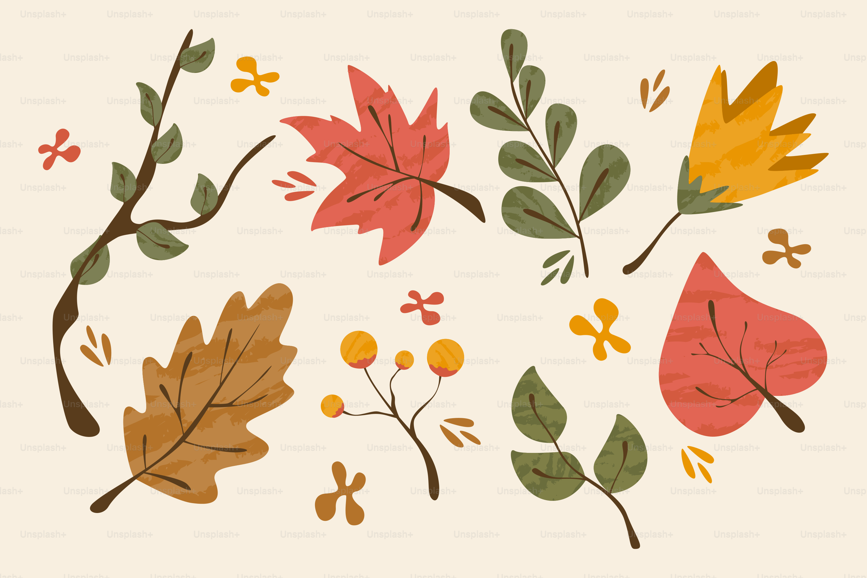 Autumn leaves and branches on a cream background.