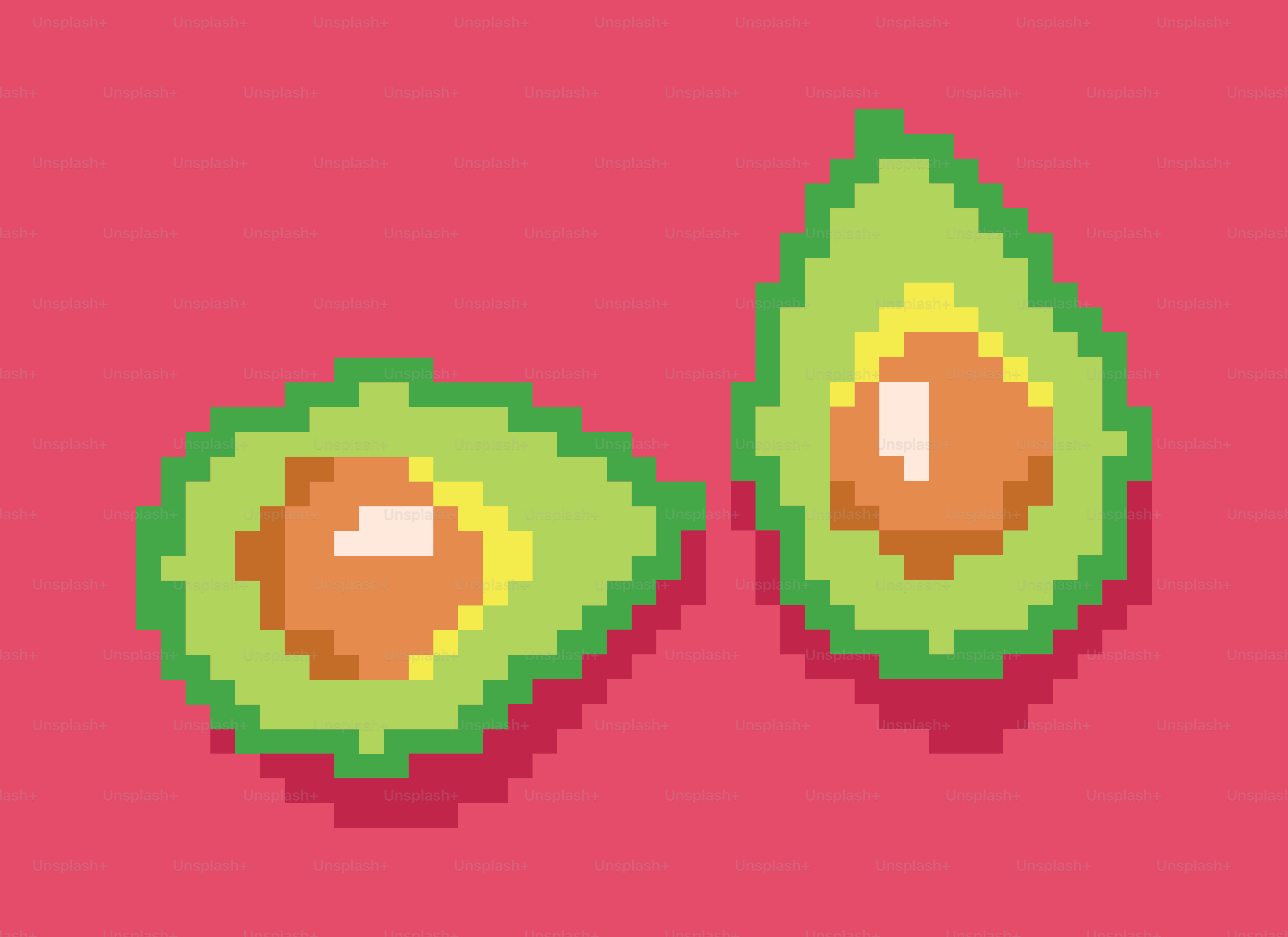 Pixel art di due mezze di avocado su sfondo rosa
