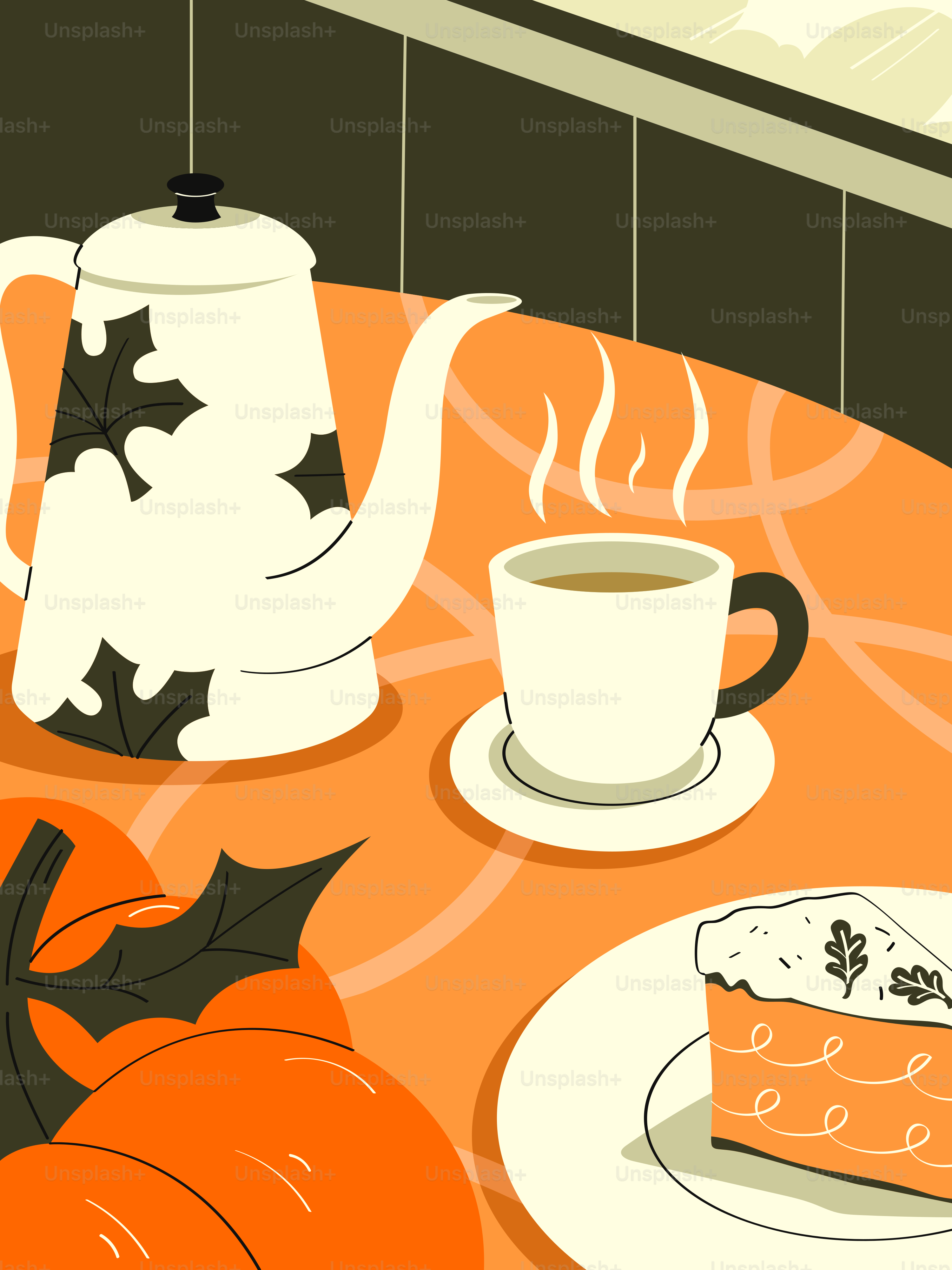 Herbstkaffee, Kuchen und Kürbisse auf einem Tisch