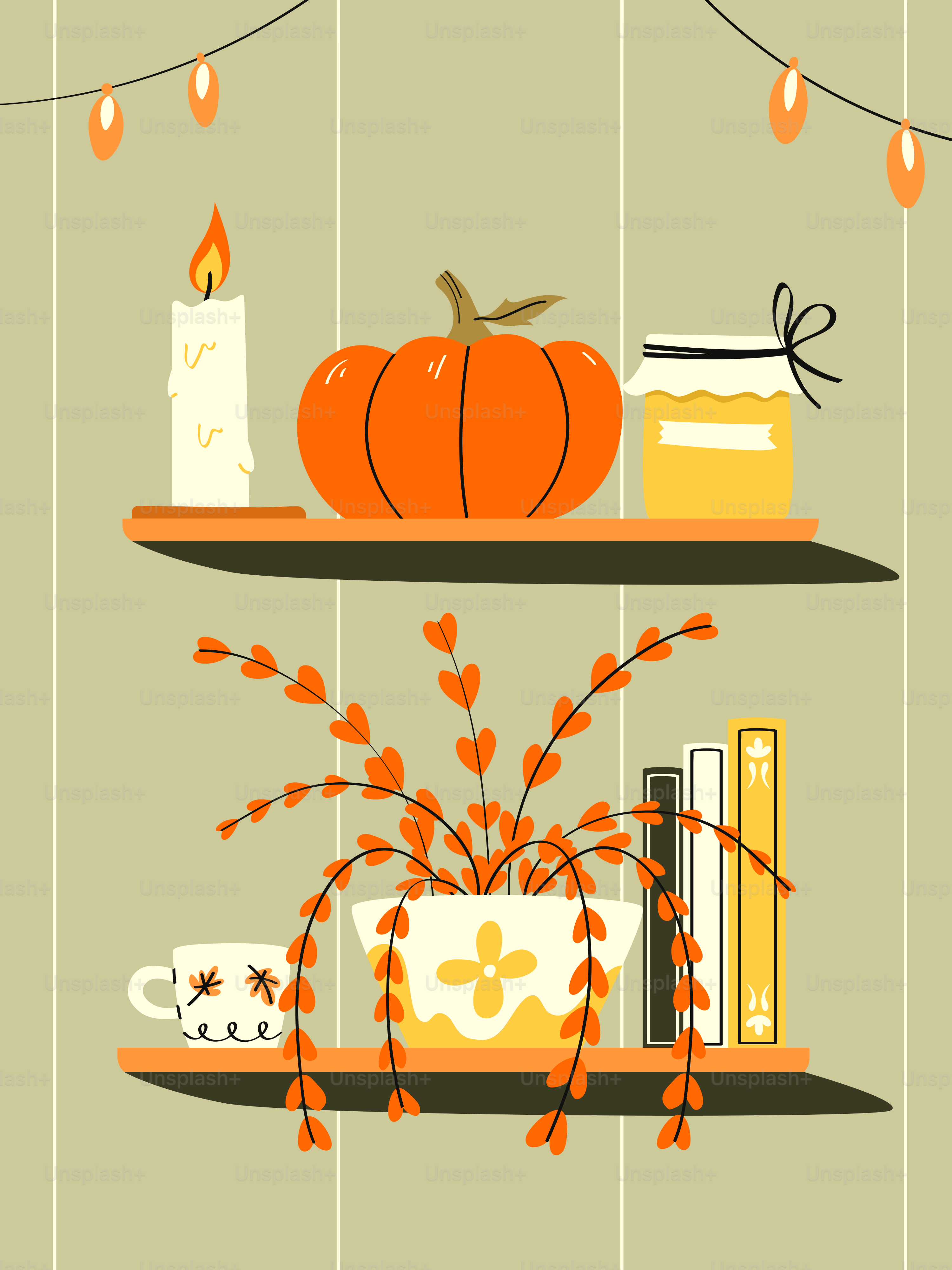 Autumn decor on shelves with pumpkin and candle.