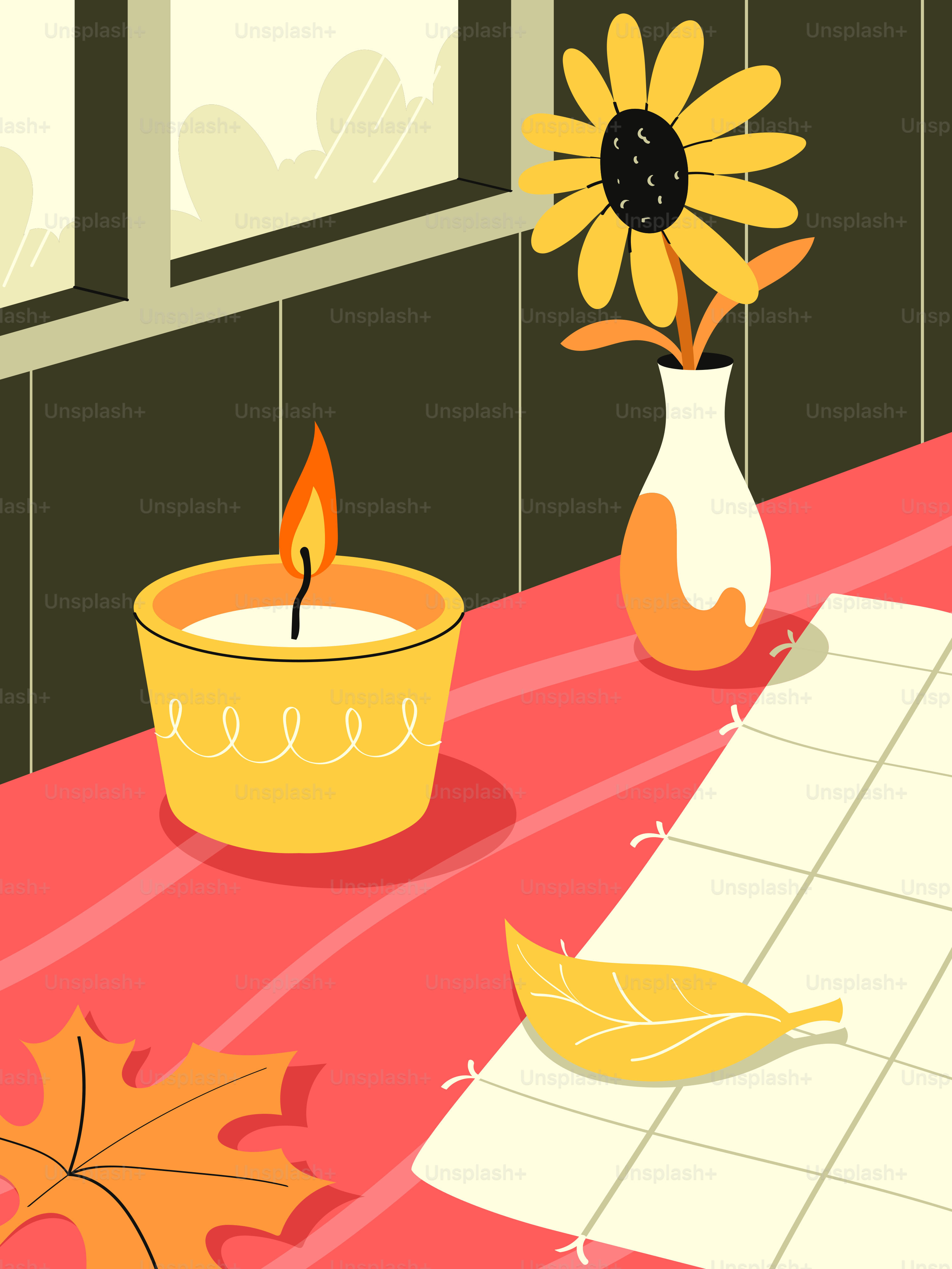 A lit candle and sunflower on a checkered tablecloth.