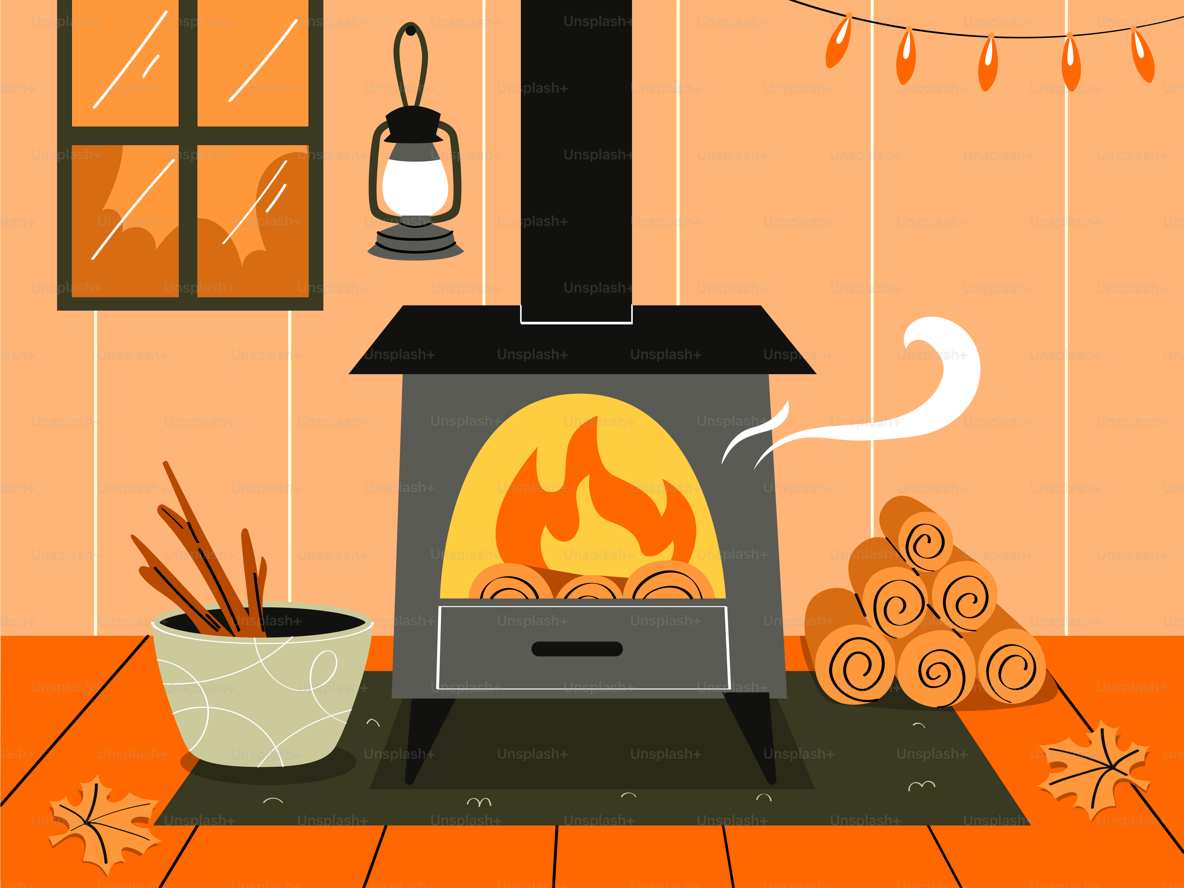 Cozy fireplace with burning logs and autumn decor.