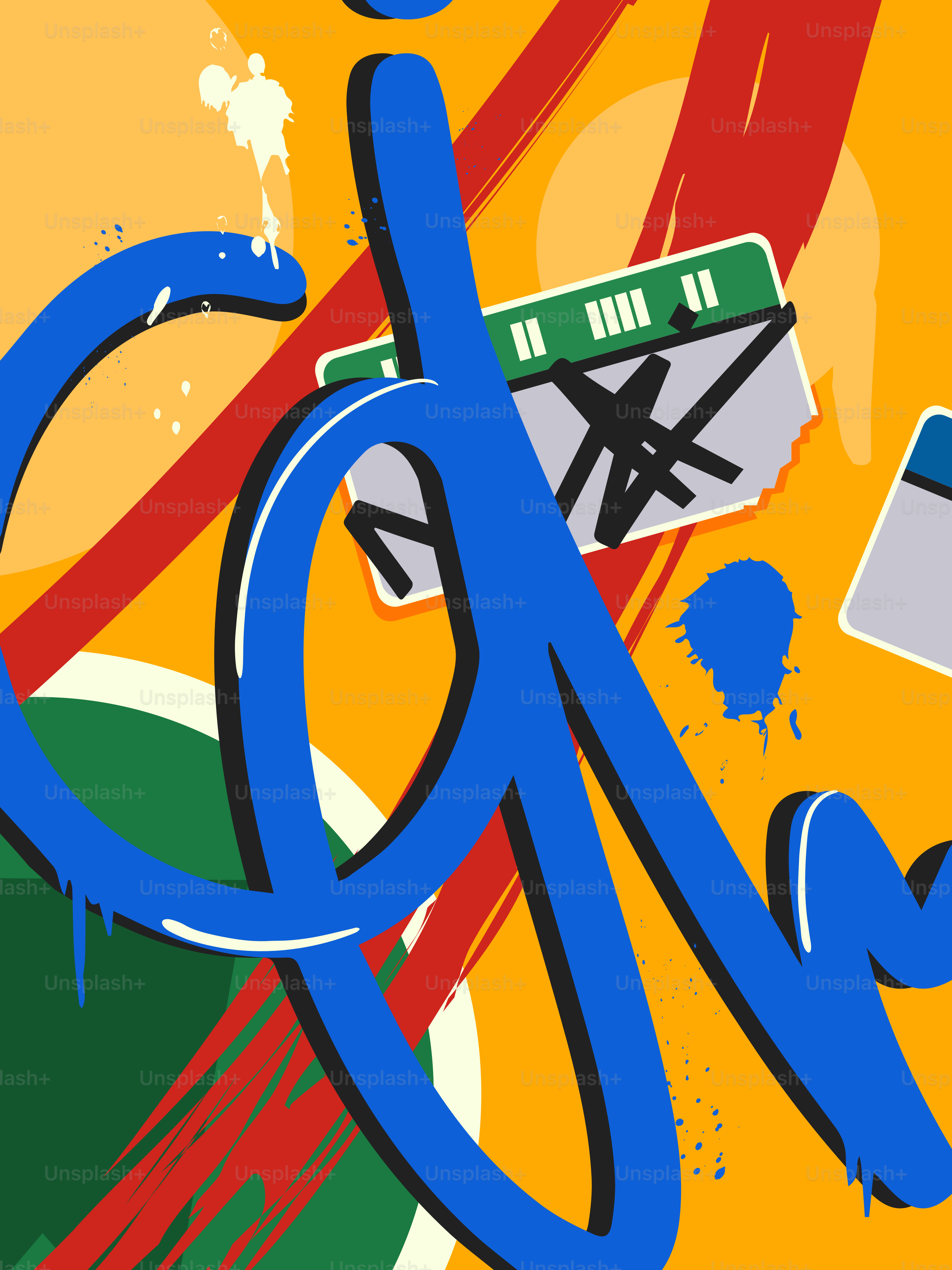 Abstract art with blue graffiti and colorful shapes.