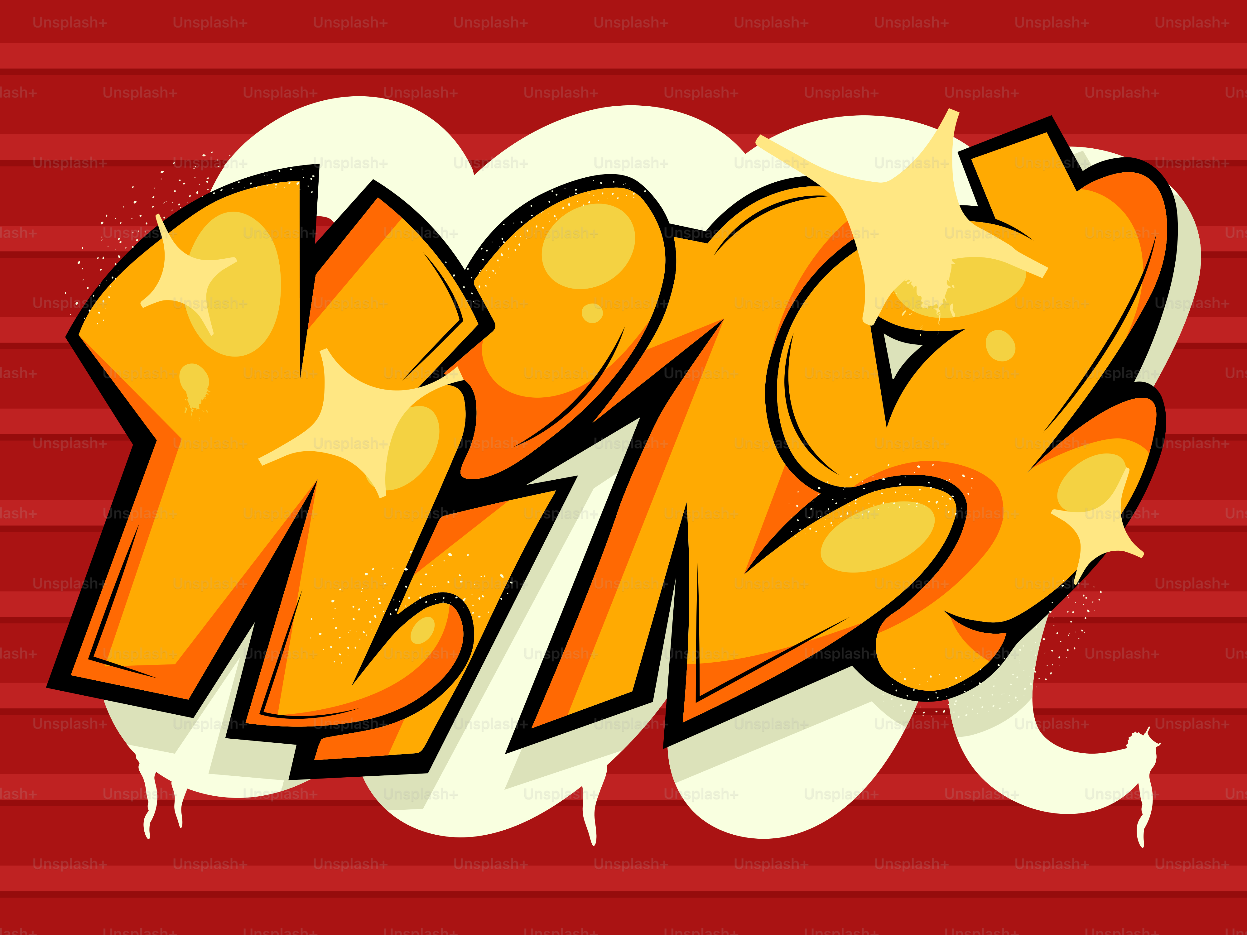 Orange graffiti letters with white outline on red background