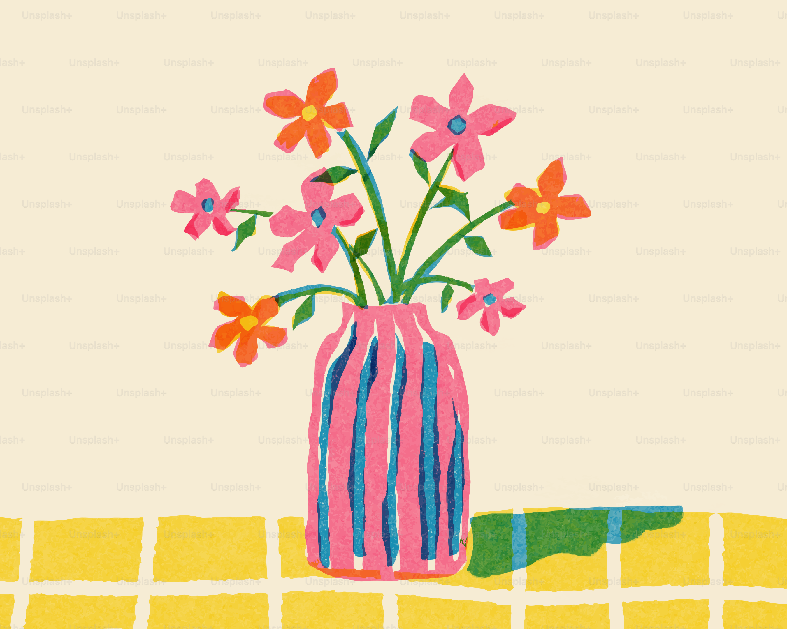 Colorful flowers in a striped vase on a checkered surface.
