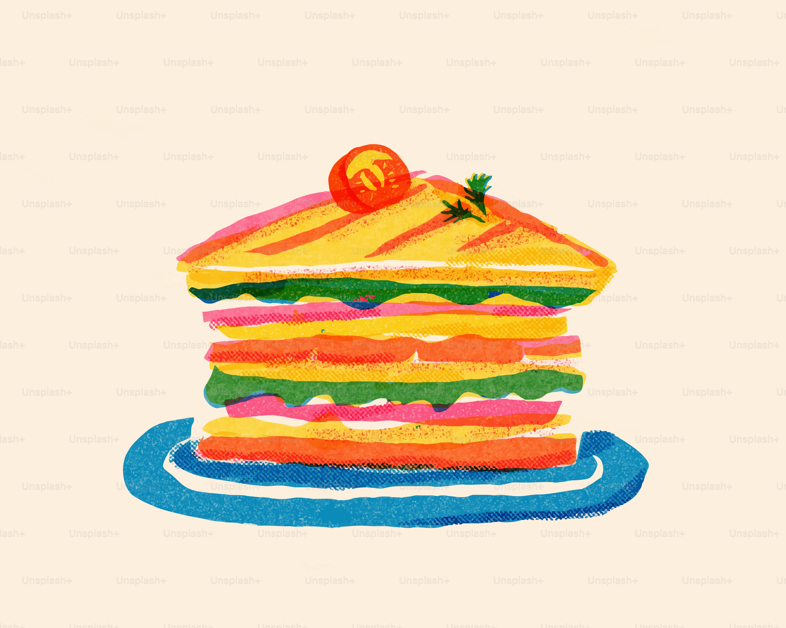 Un sándwich colorido apilado en un plato azul.