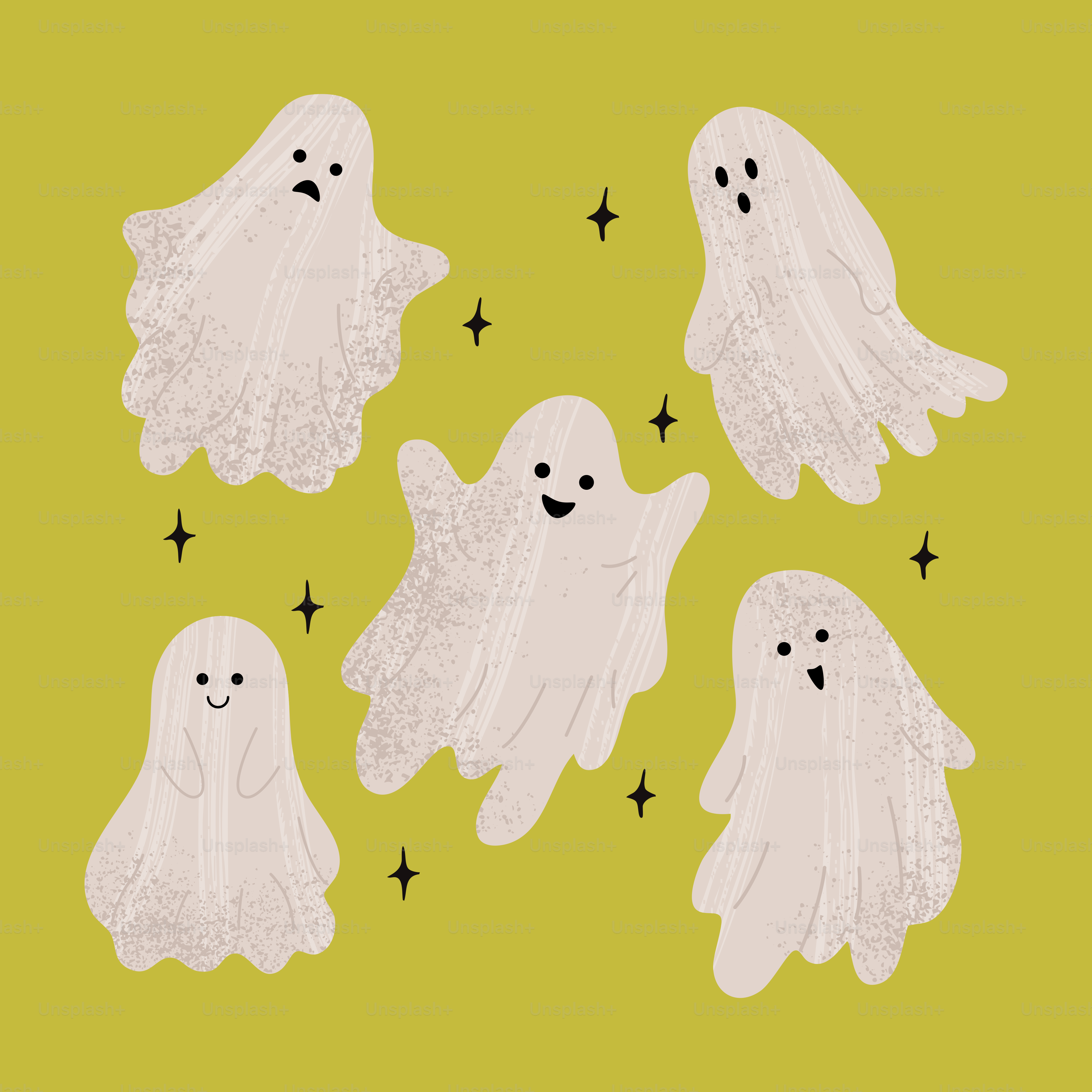 Five cartoon ghosts with different expressions on yellow background