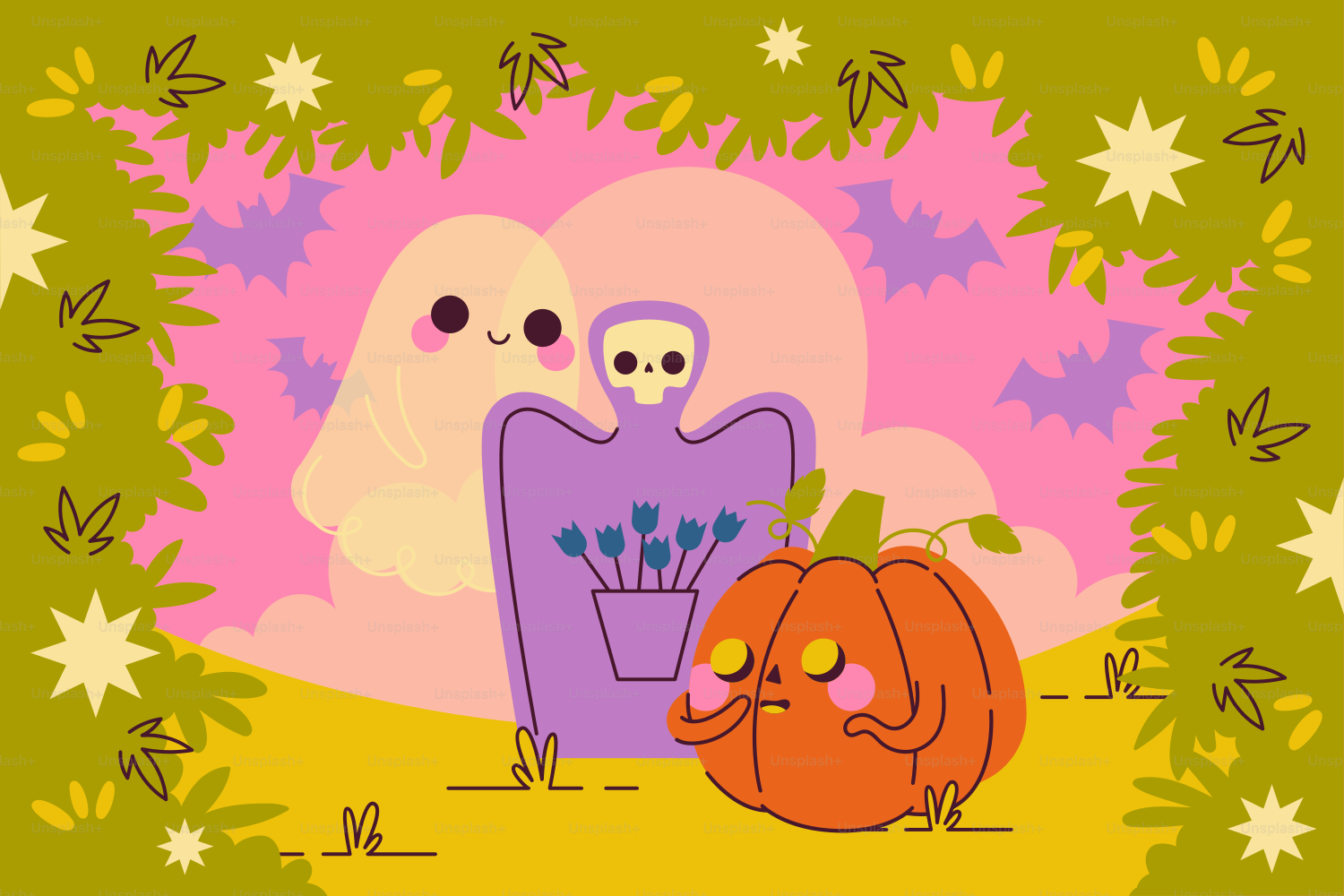 Une jolie araignée, une citrouille et un fantôme sur fond jaune vectoriel –  Image de Automne sur Unsplash, image size:3000x2000