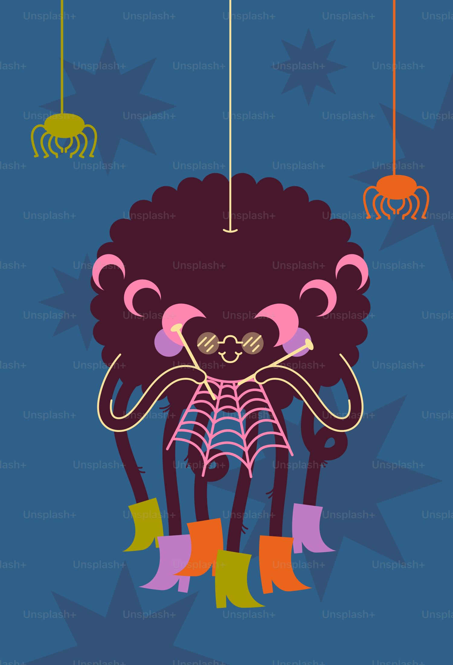 A cute cartoon spider wearing boots and glasses