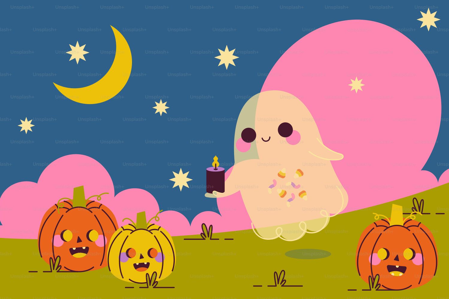 Un fantasma carino tiene una candela con delle zucche di notte.