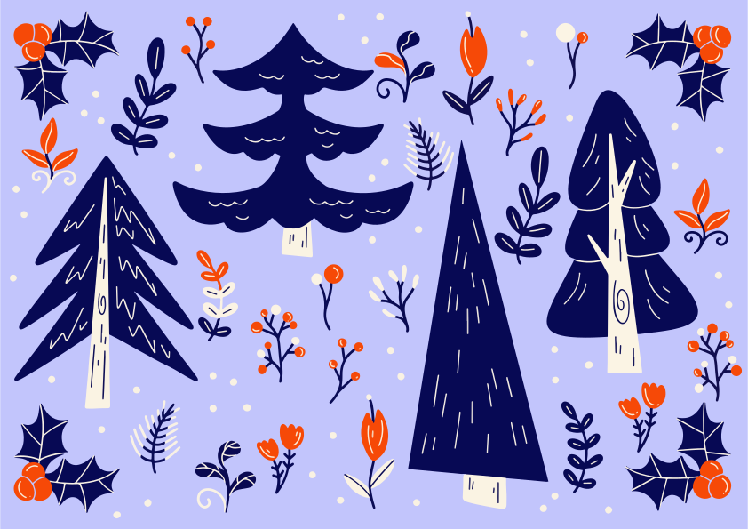 Christmas trees and festive foliage on blue background