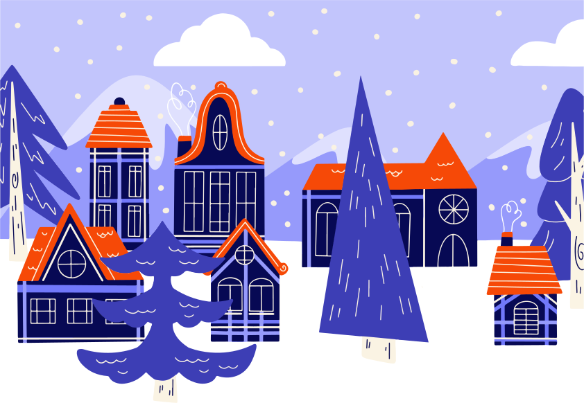 Stylized winter village with blue and orange houses