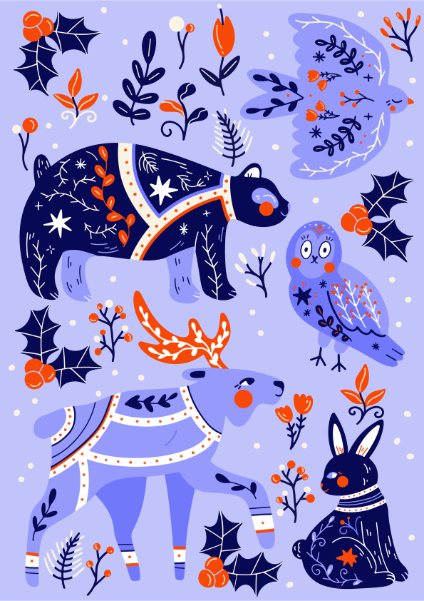 Folk art style animals and botanicals on light purple background