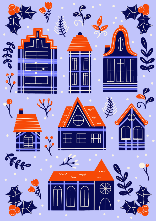 Whimsical village houses with festive winter foliage