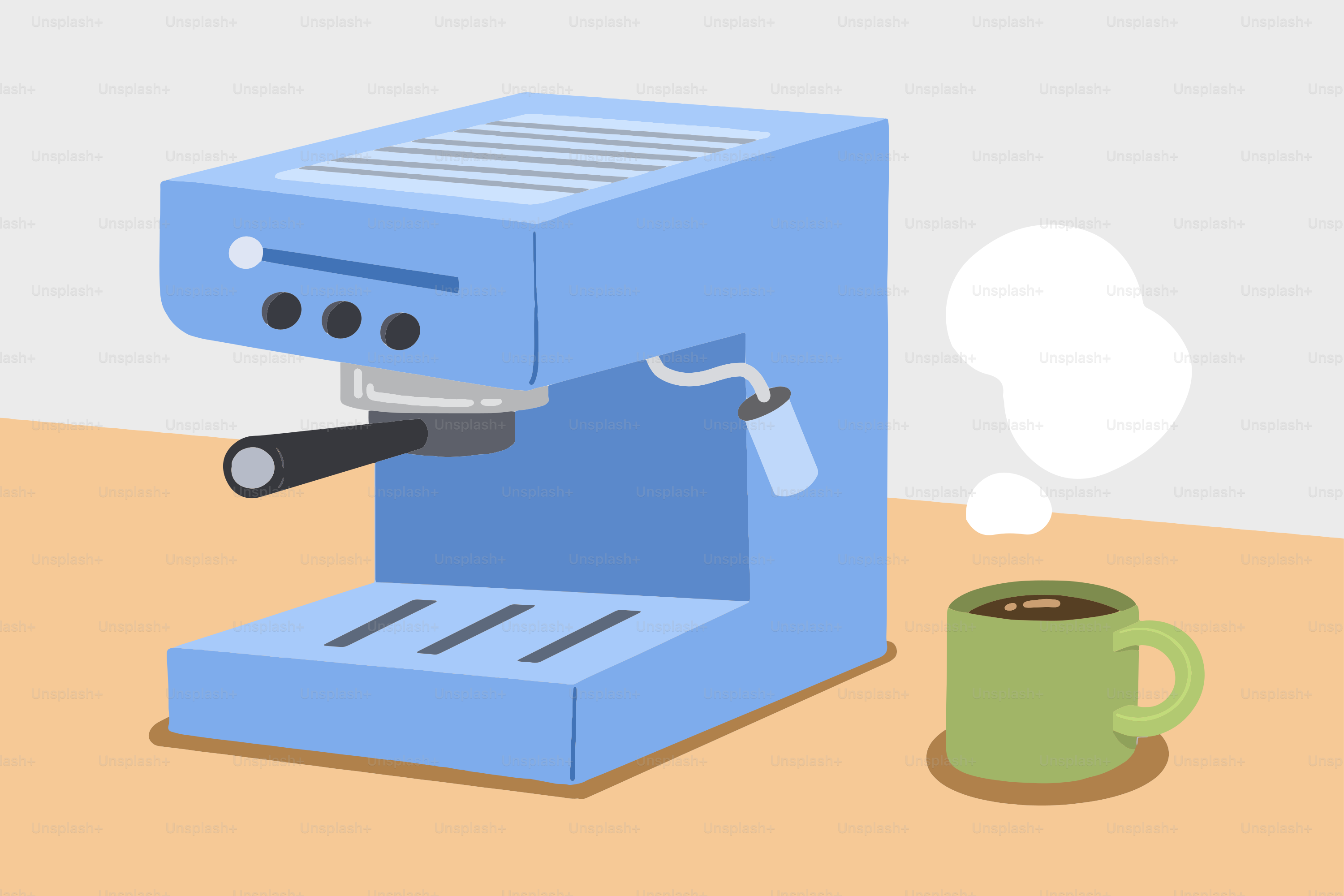 Blue espresso machine with steaming coffee cup.