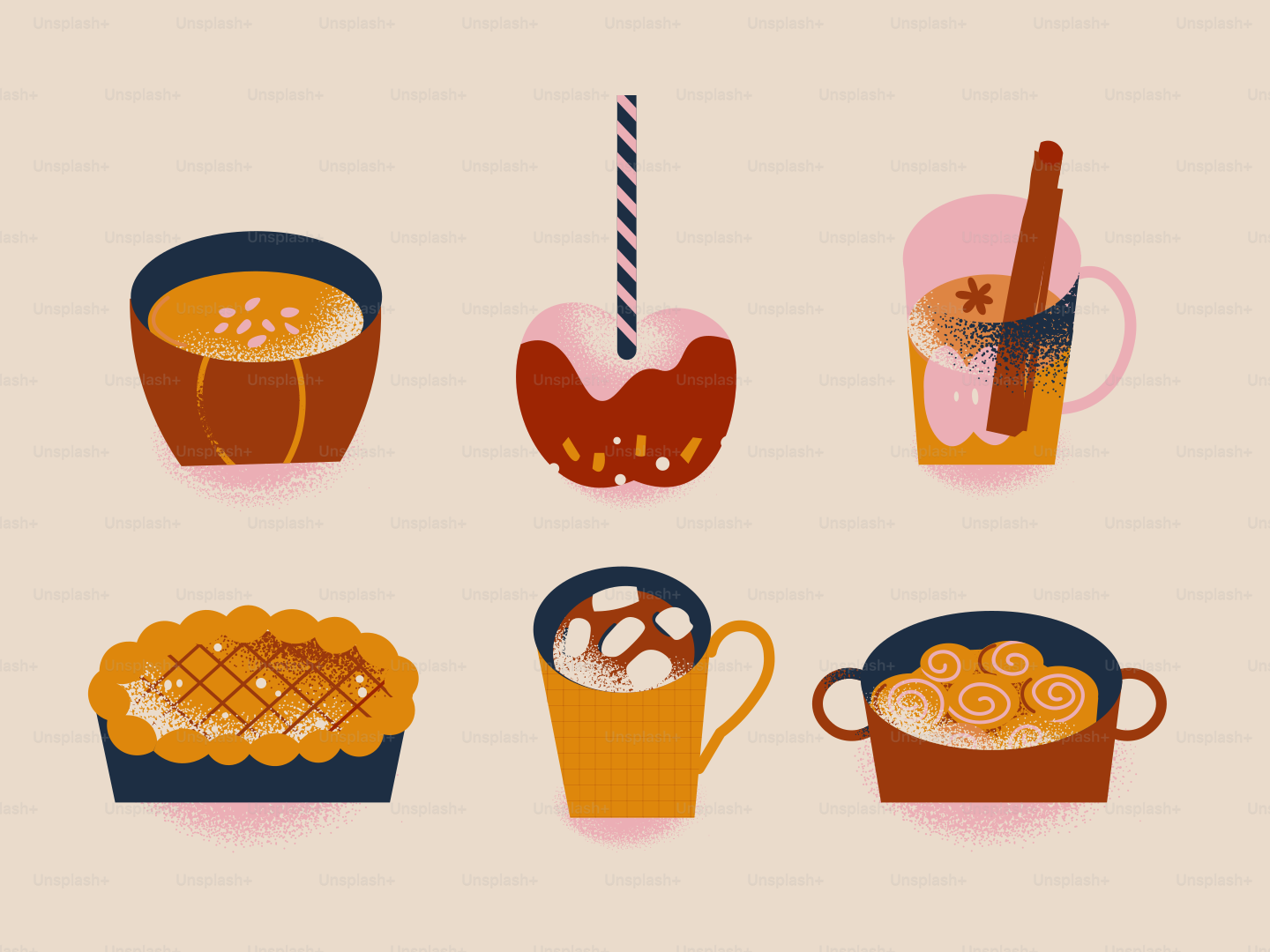 Autumn treats including pie, candy apple, and hot drinks.