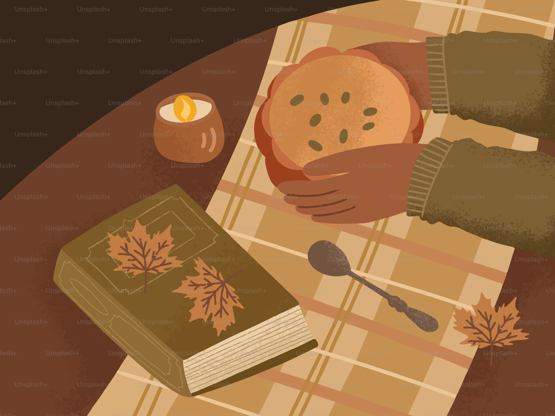 Hands holding a pumpkin pie next to a book