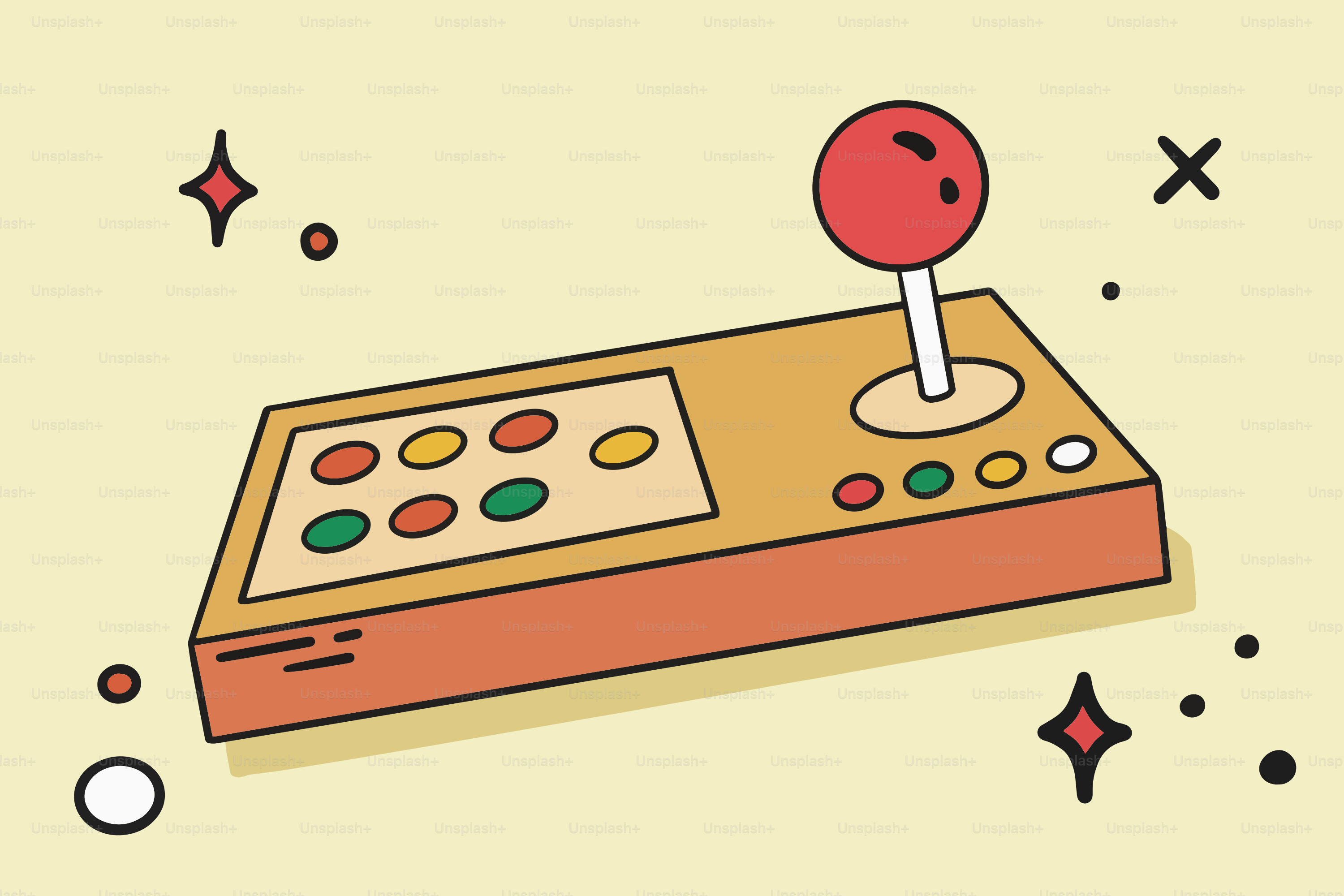 Retro arcade joystick with colorful buttons