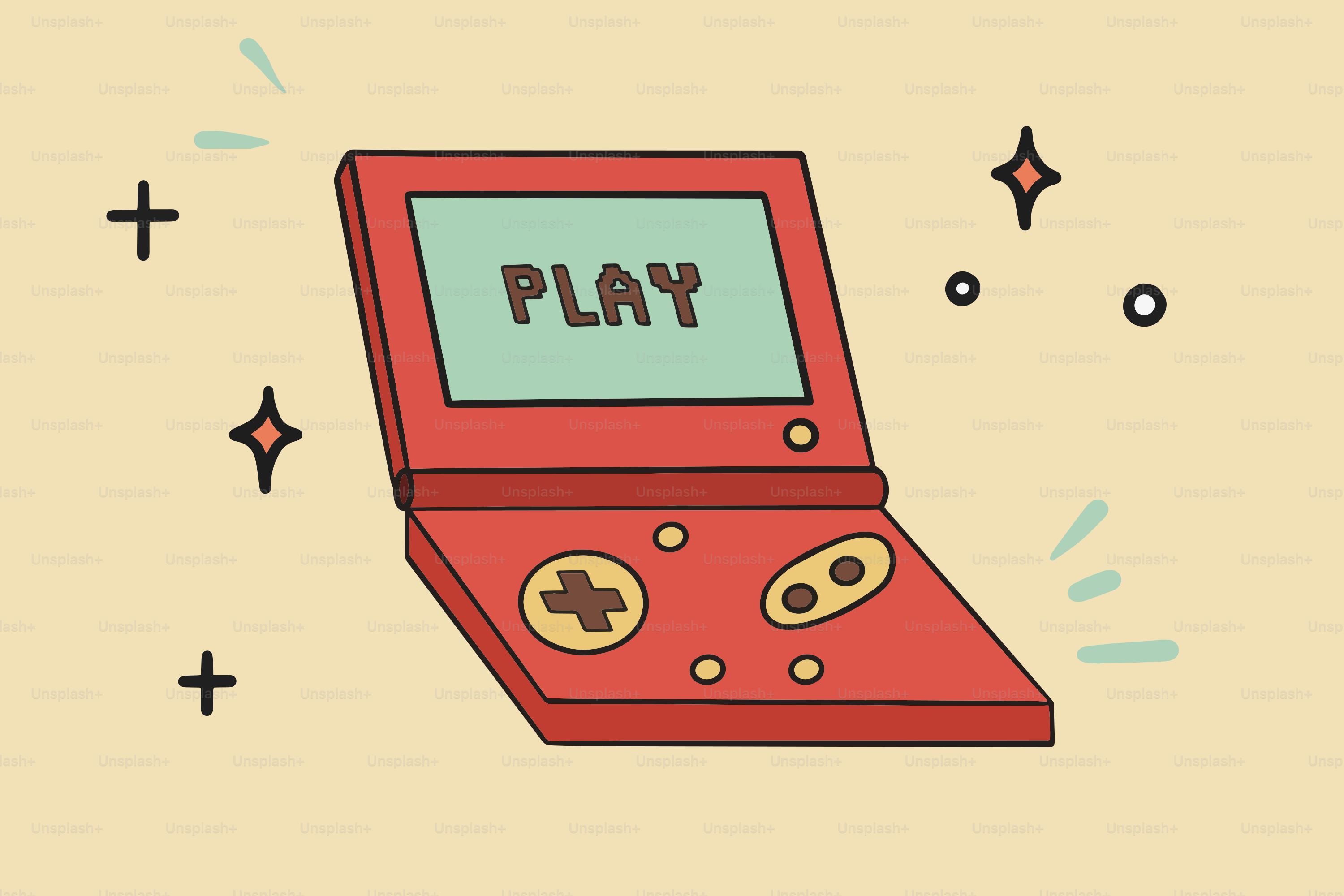 Consola de juegos portátil roja con 'play' en pantalla.