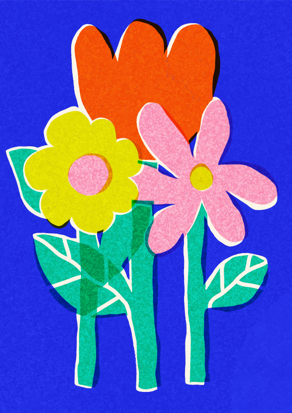 Três flores coloridas recortadas sobre fundo azul