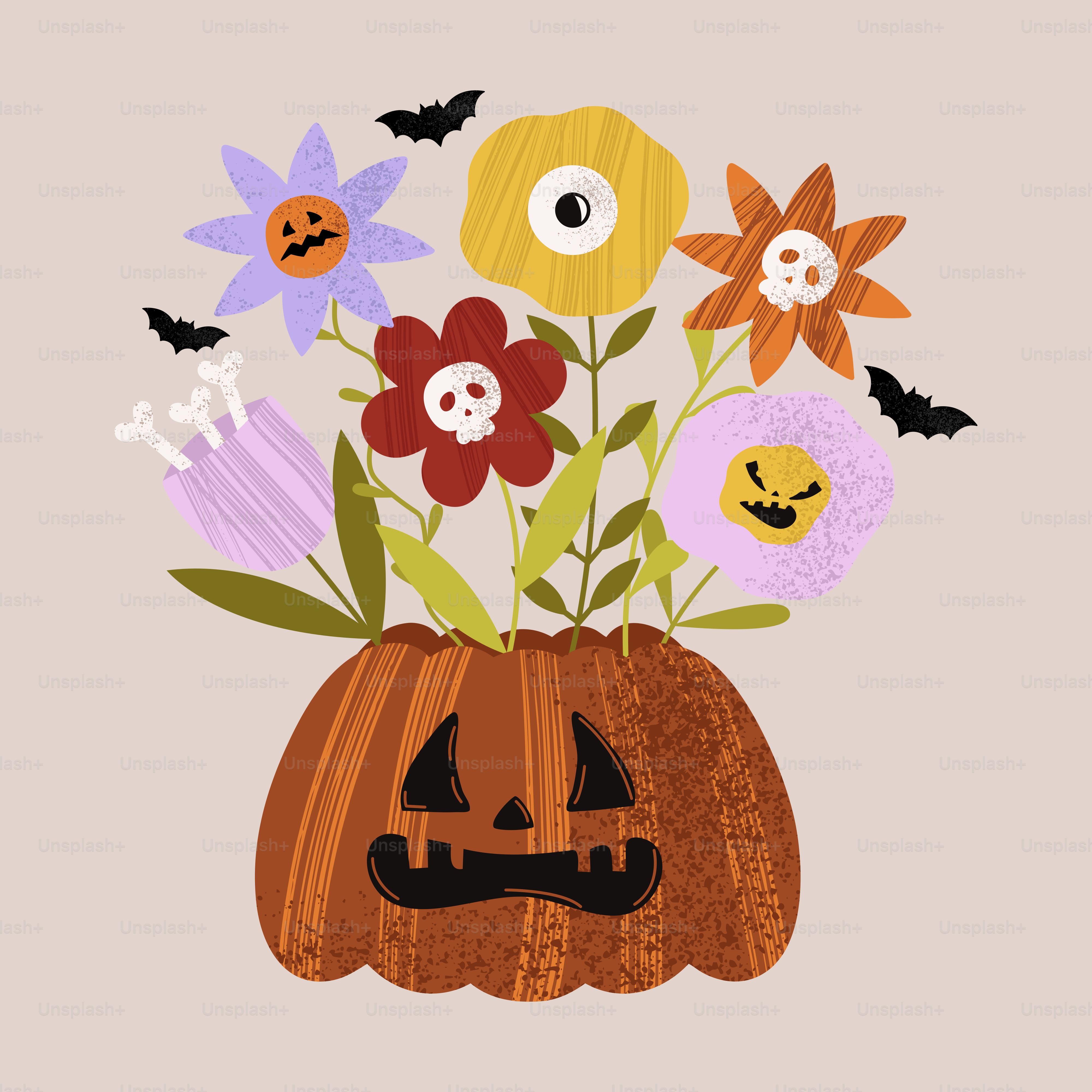 Halloween pumpkin with spooky flowers and bats