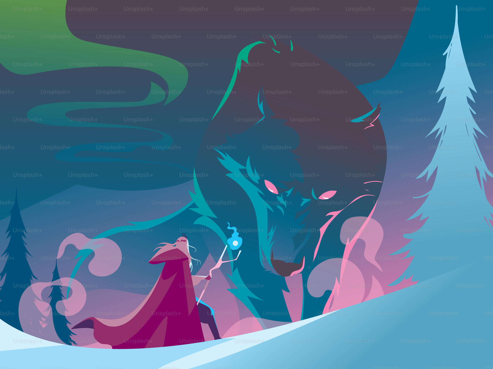 Wizard conjures giant wolf under aurora borealis
