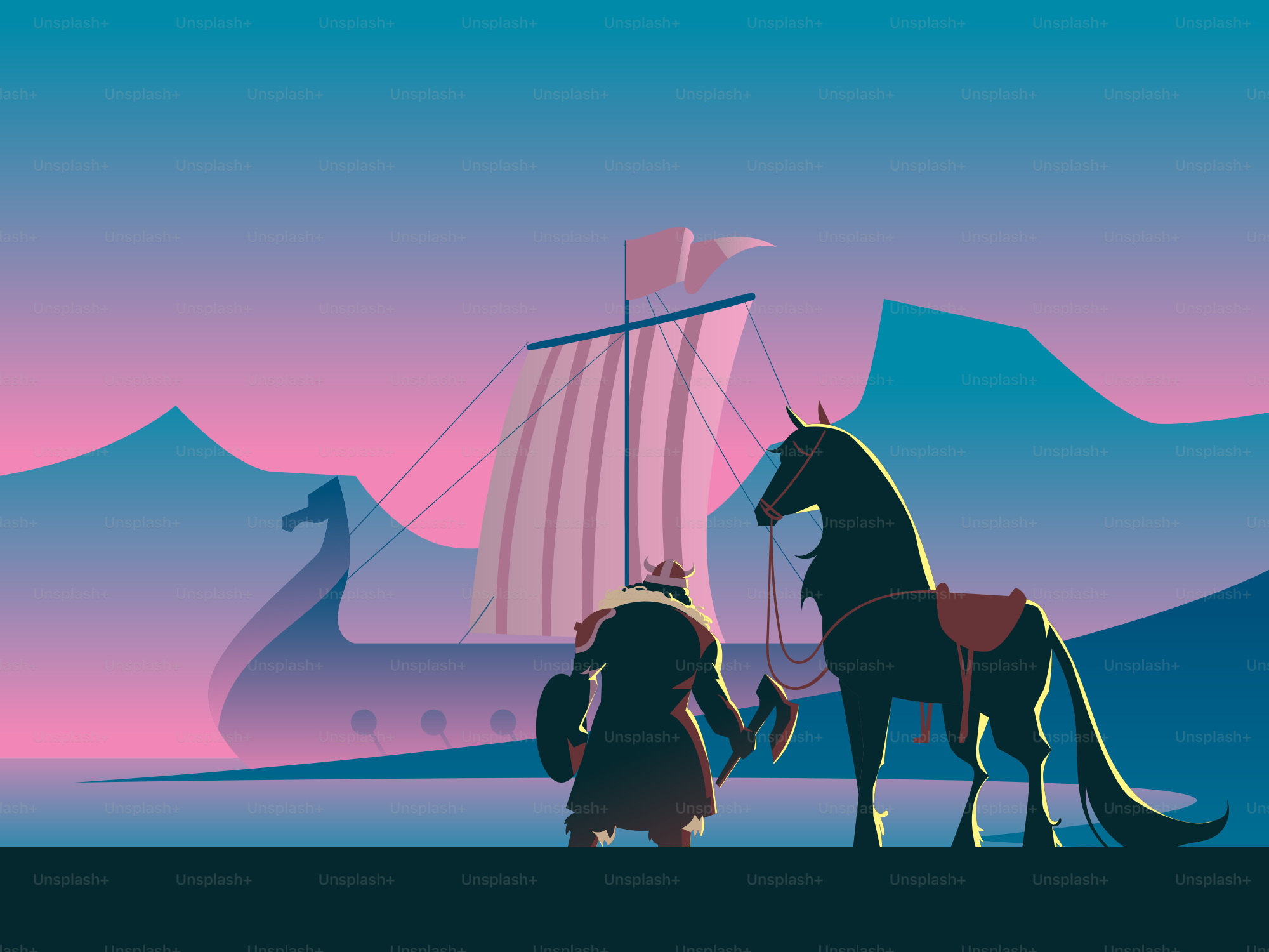 Wikingerkrieger mit Pferd und Schiff bei Tagesanbruch