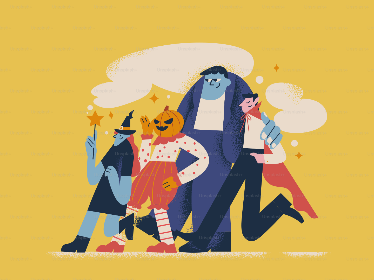 Halloween characters with a pumpkin head and monster.