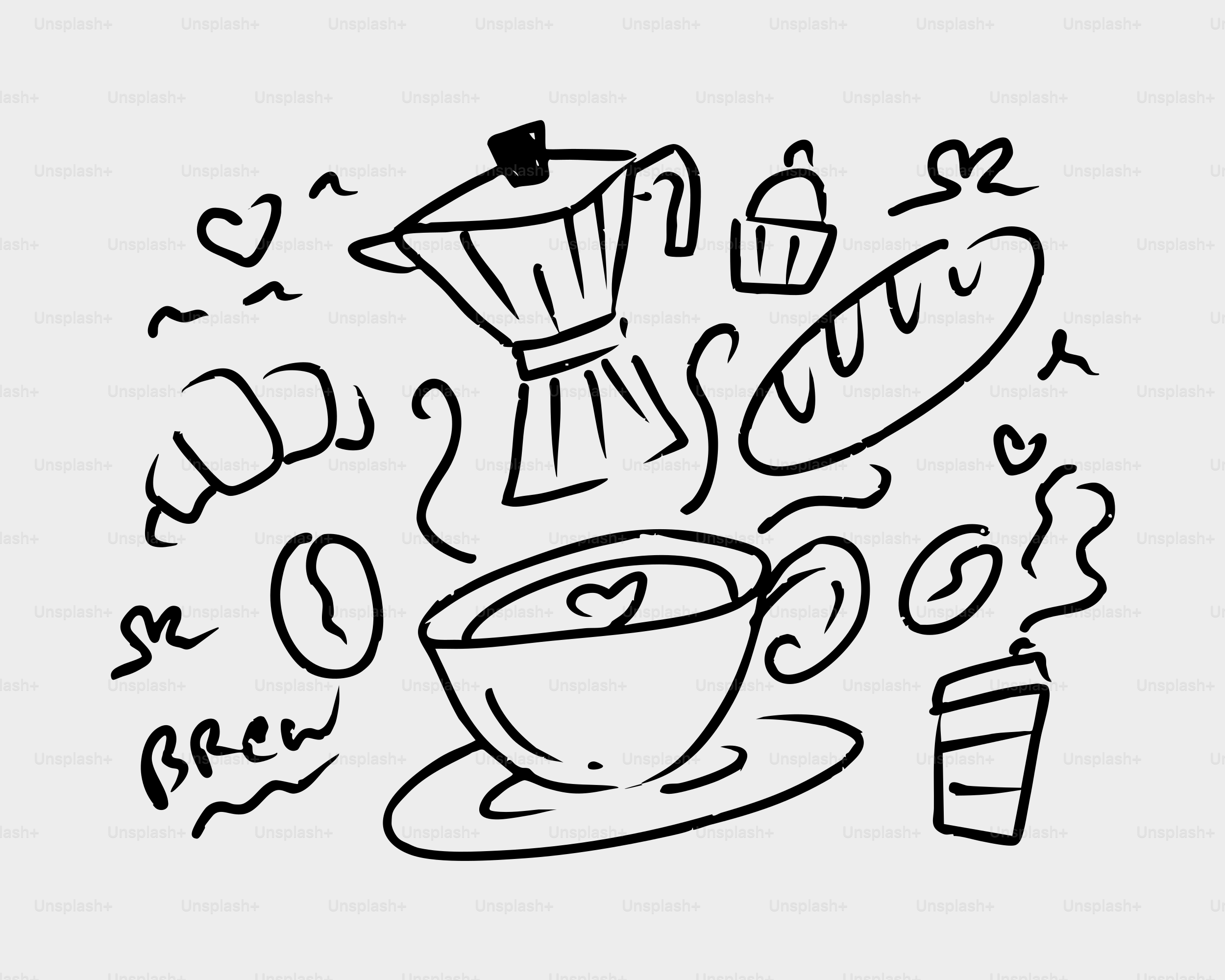 Coffee, croissant, bread, and cupcake doodles with hearts.