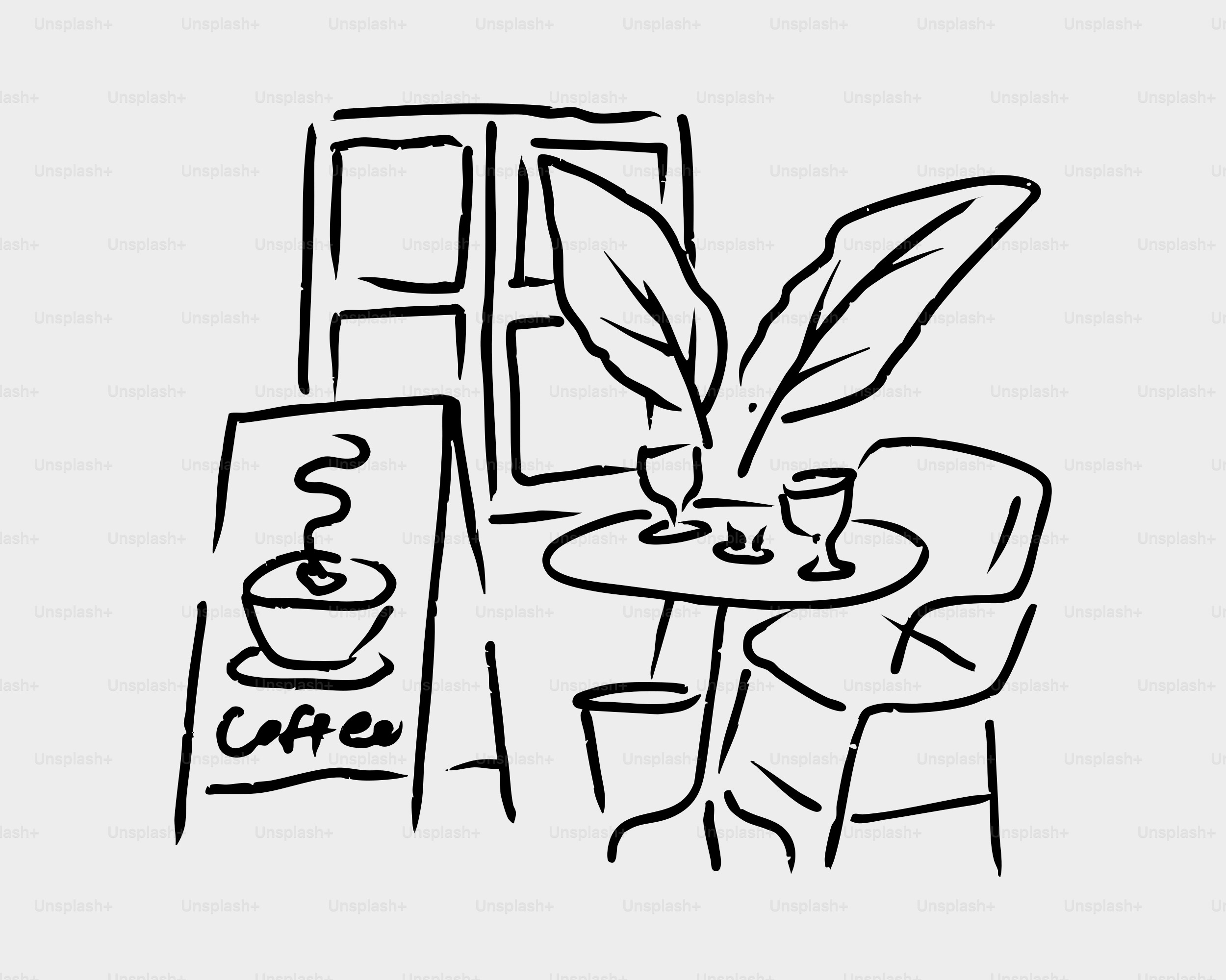 Cafe scene with table, chairs, and plant
