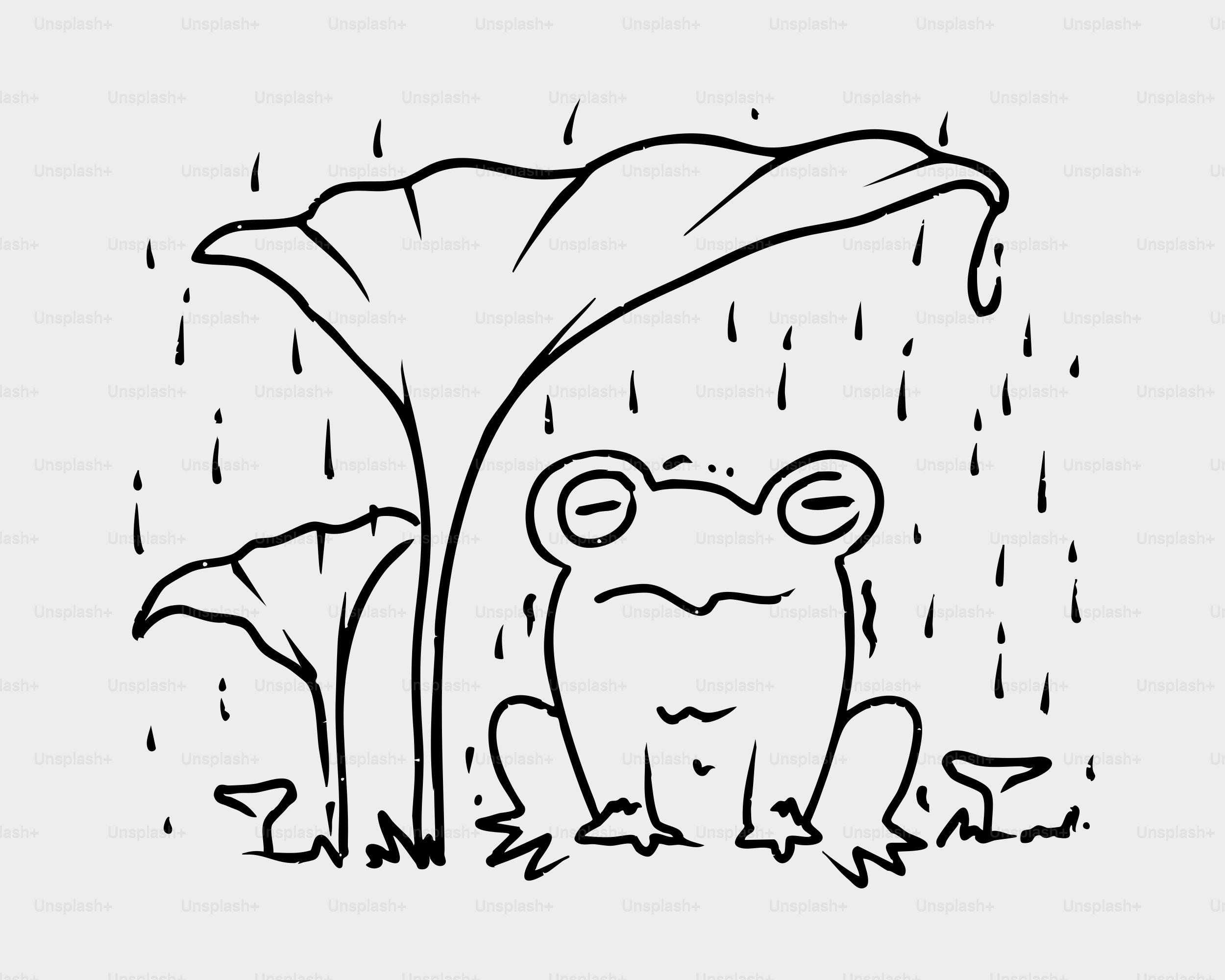 A frog sits under a large leaf during rain.