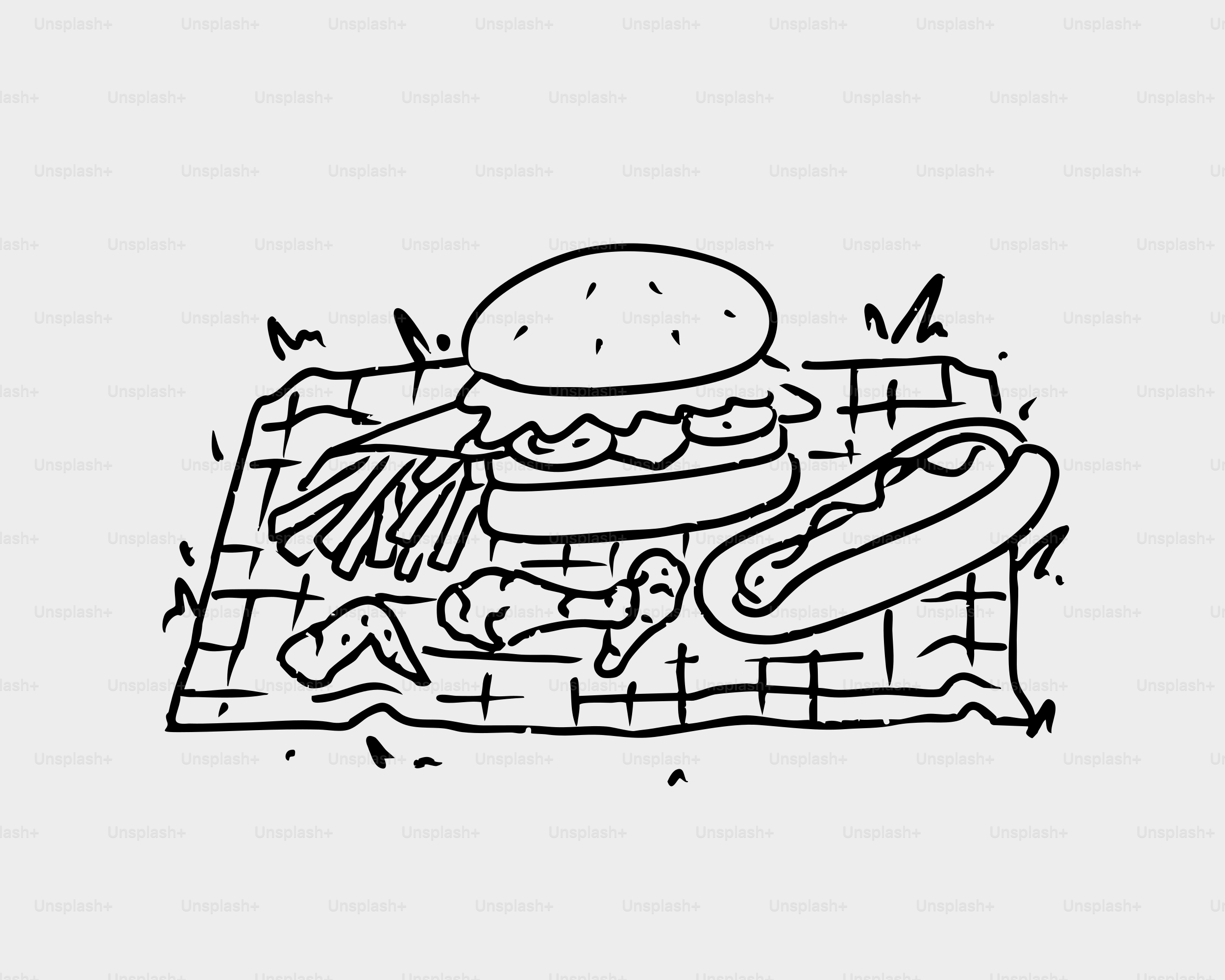 Burger, hot dog, fries, and wings on a picnic blanket.