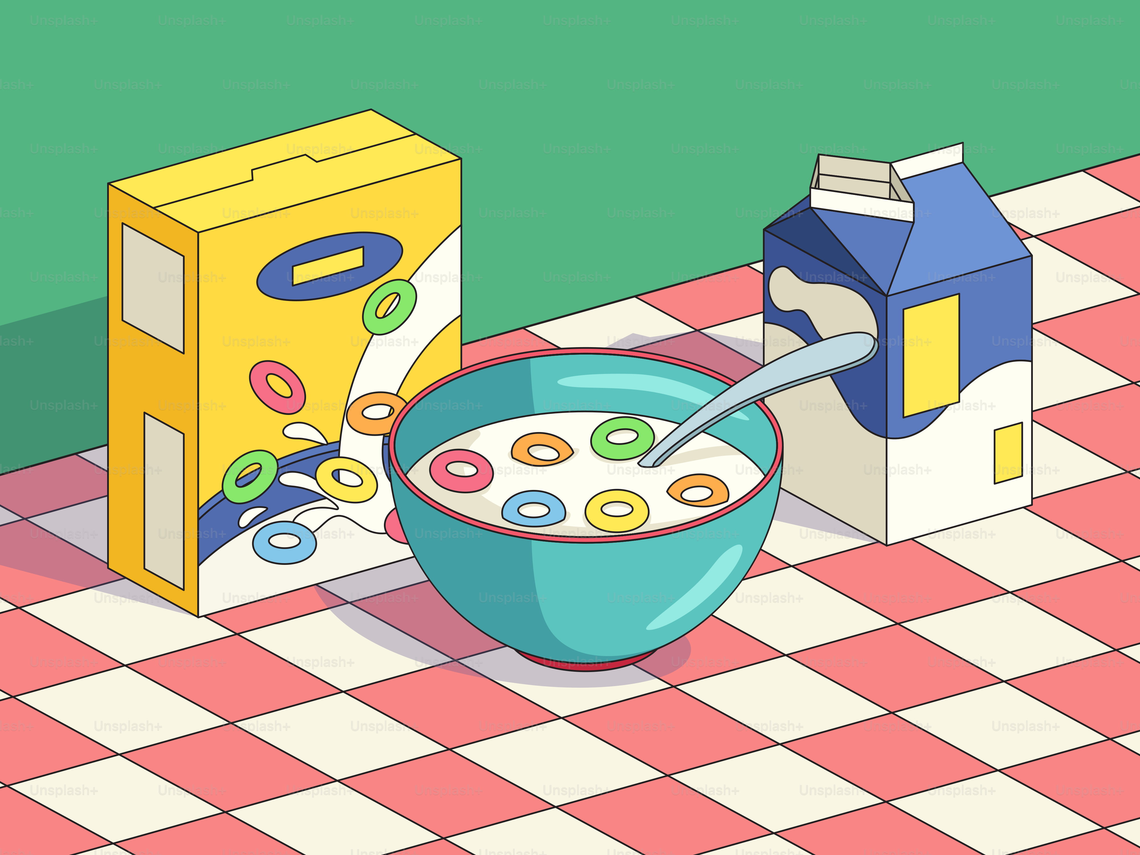 Cereal box, milk carton, and bowl of cereal.