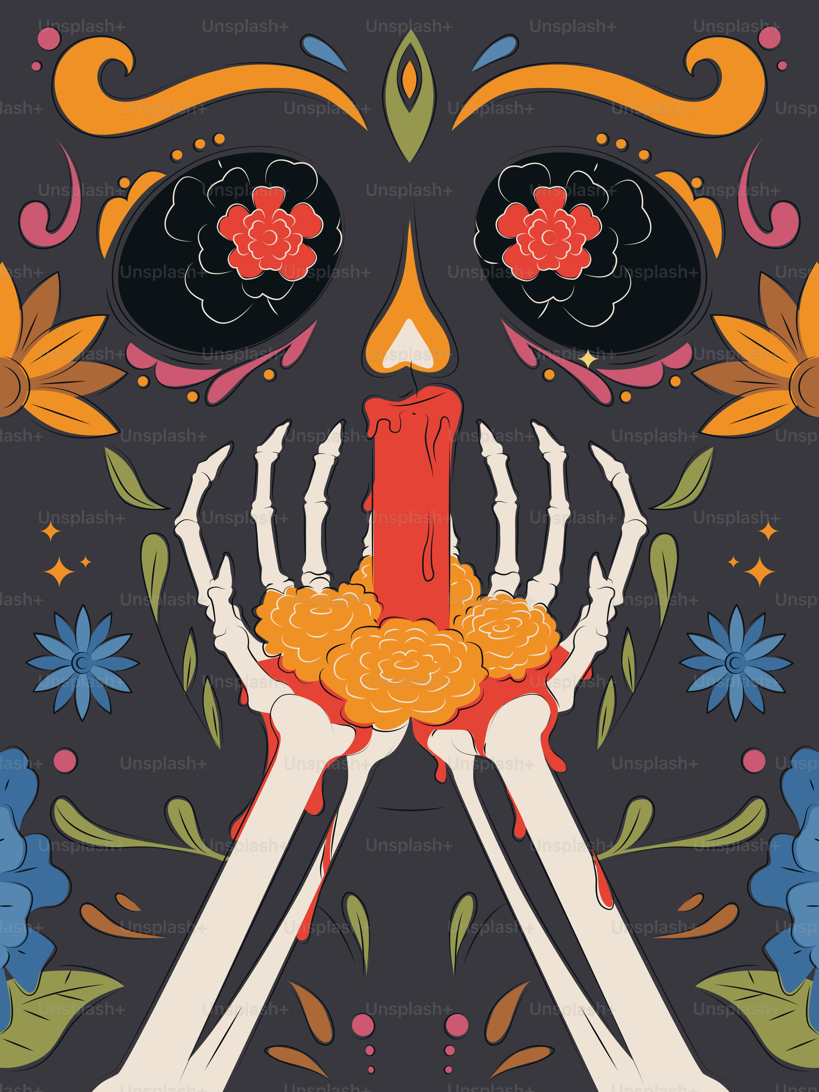 Skeleton hands hold candle and flowers with skull background