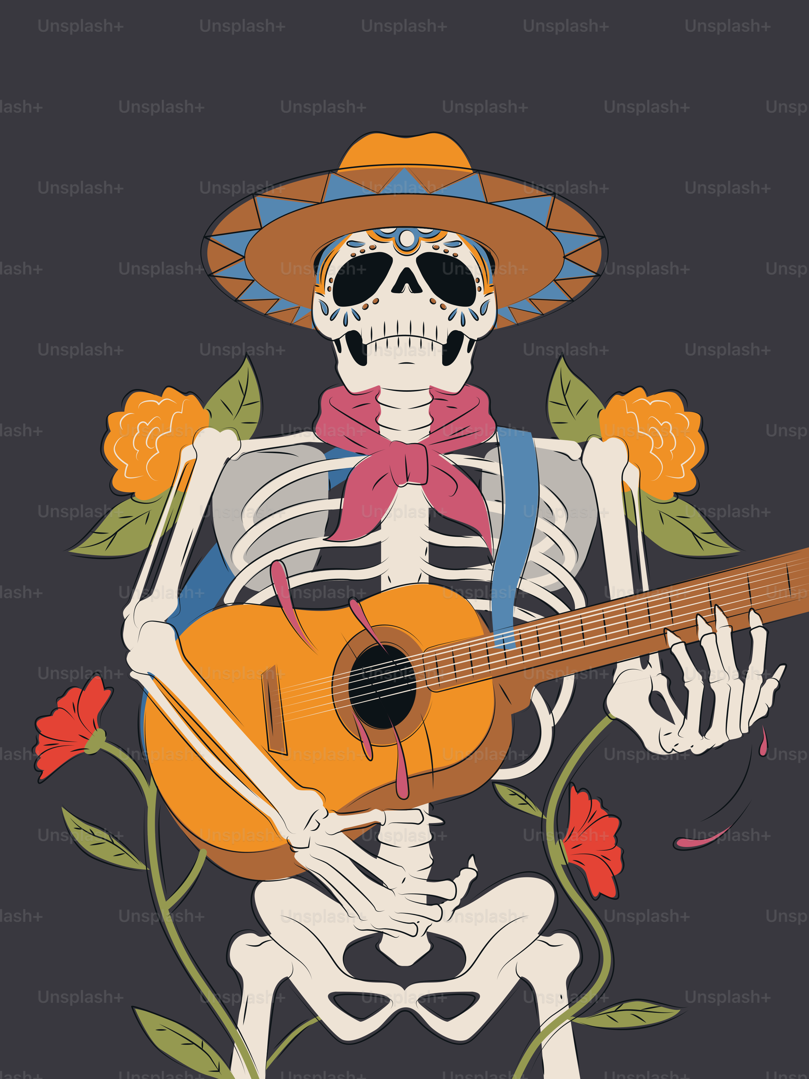 Skeleton in a hat playing guitar with flowers