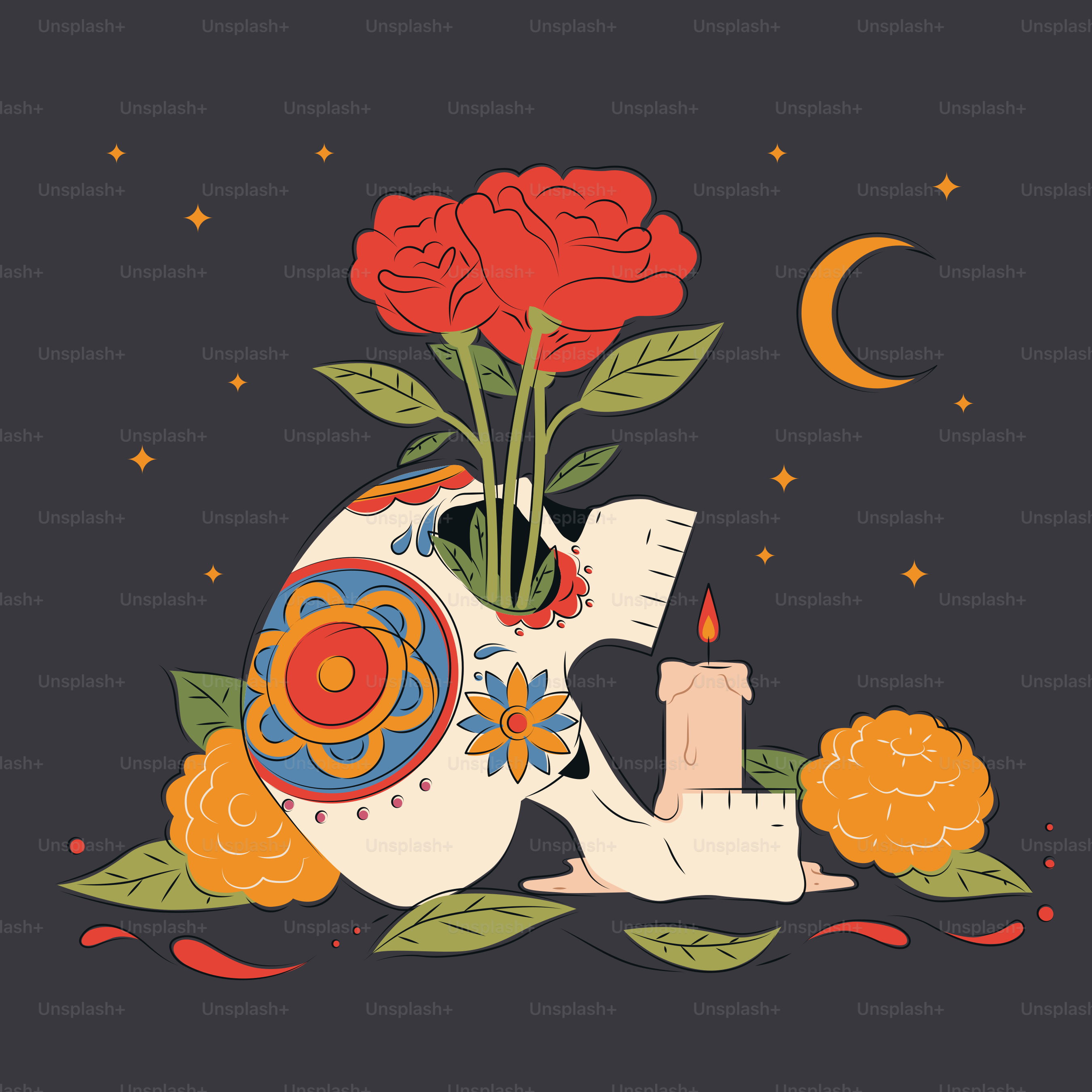 Skull with flowers, candle, and moon