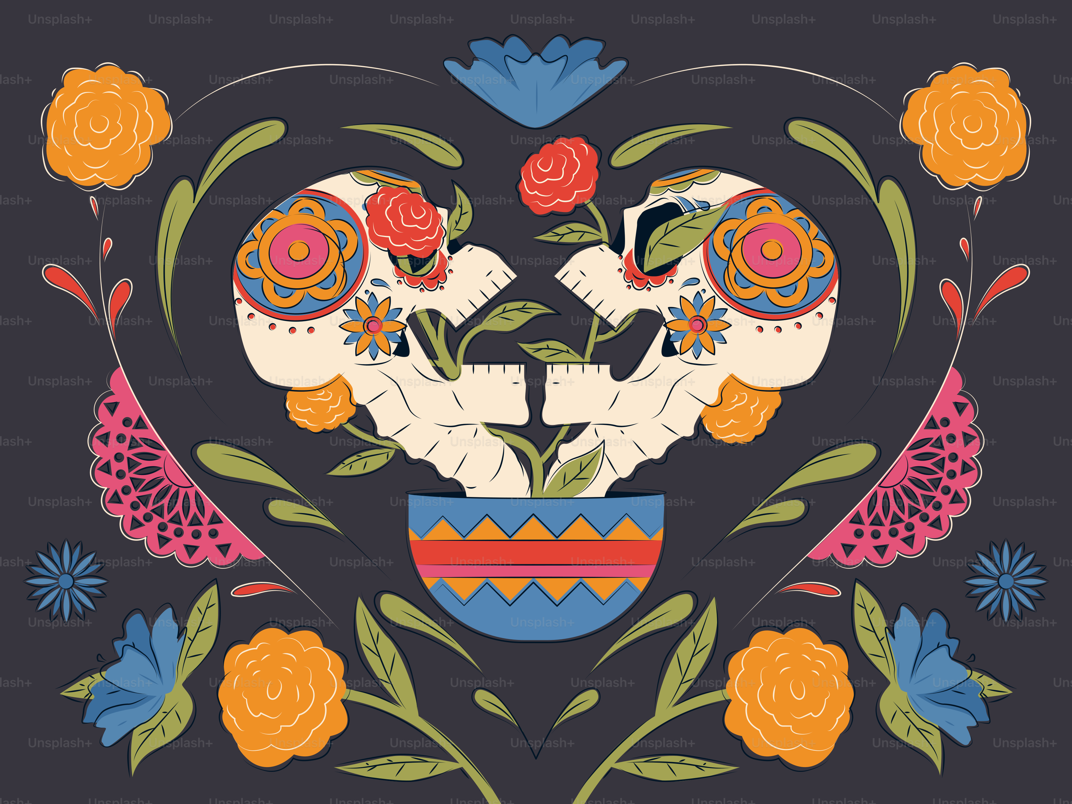 Two decorated skulls with flowers growing from them.