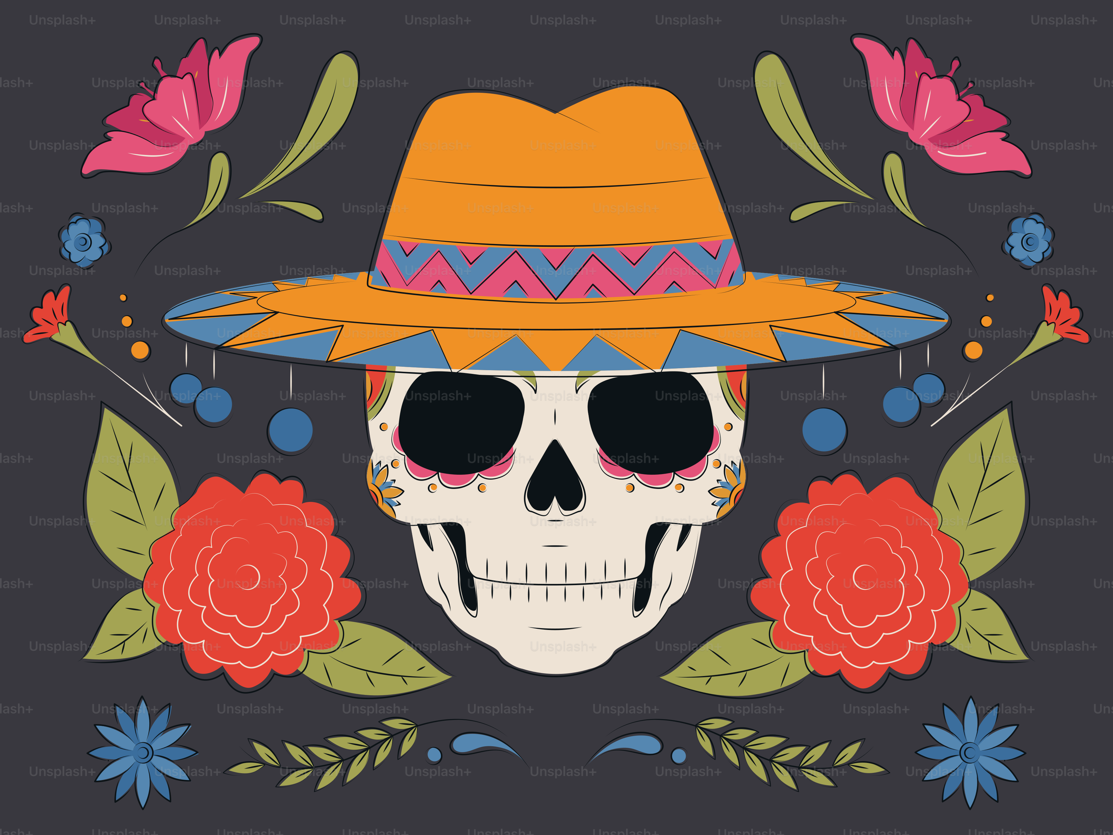 Sugar skull with hat and flowers on dark background