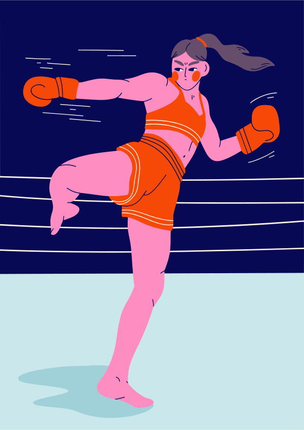 Mulher com luvas de boxe chuta no ringue