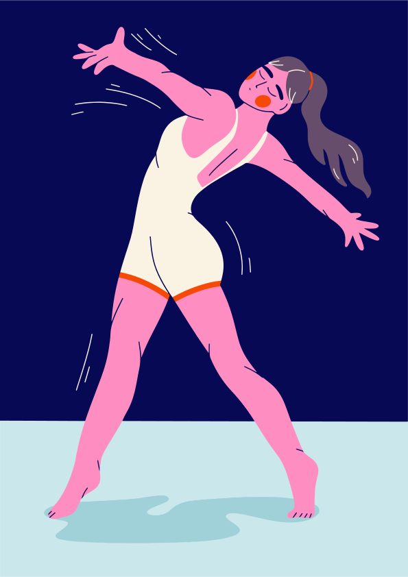 Woman in swimsuit dancing with arms outstretched