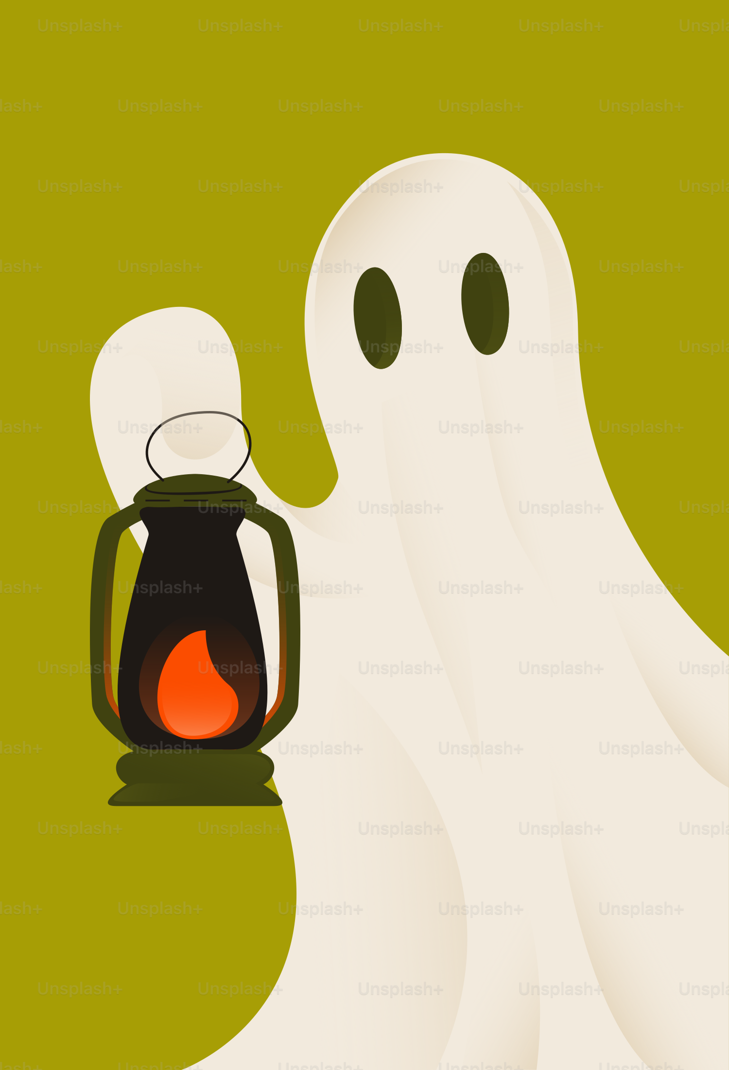 A friendly ghost holds a glowing lantern.