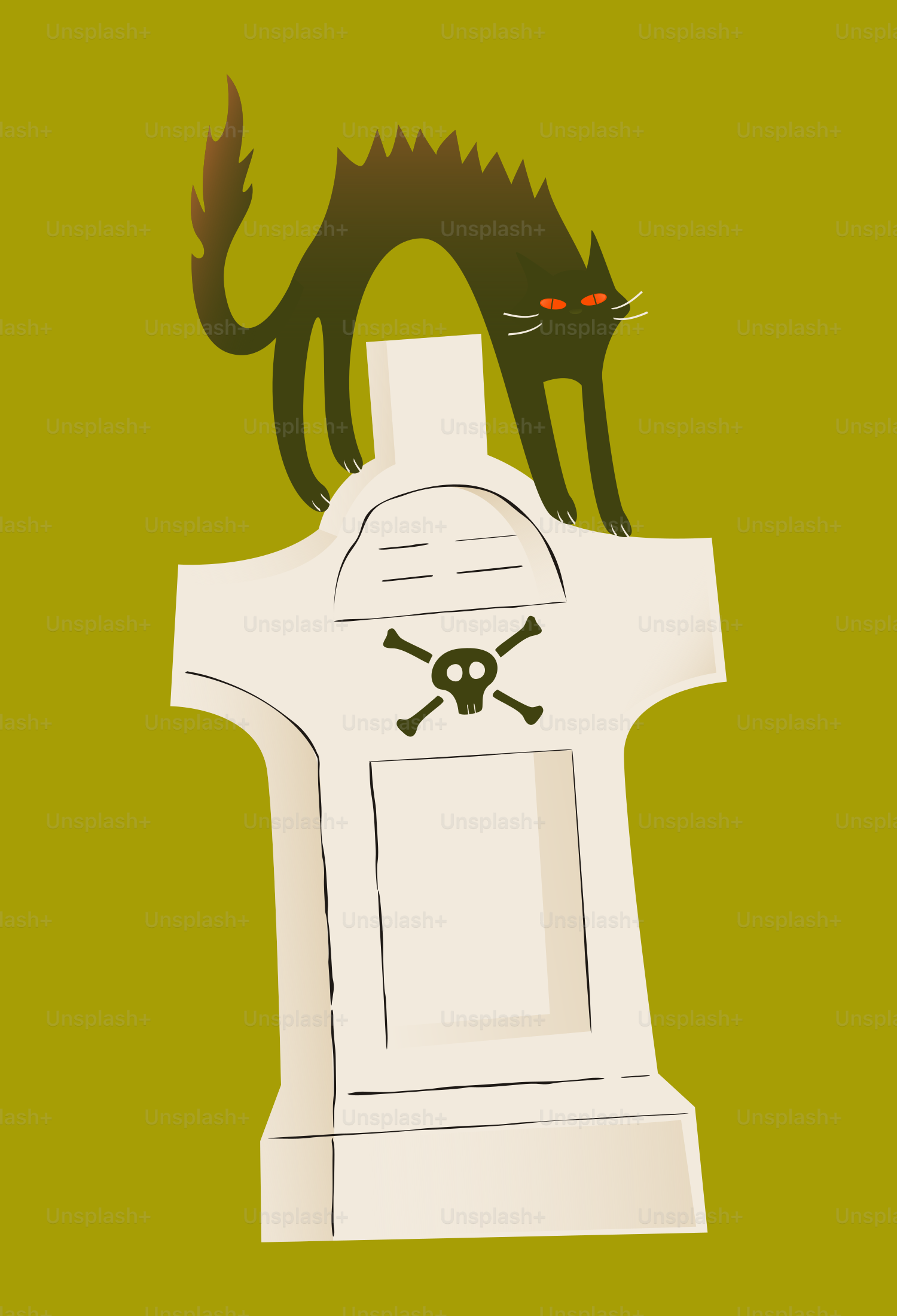 Gato preto arqueia as costas sobre a lápide com caveira.