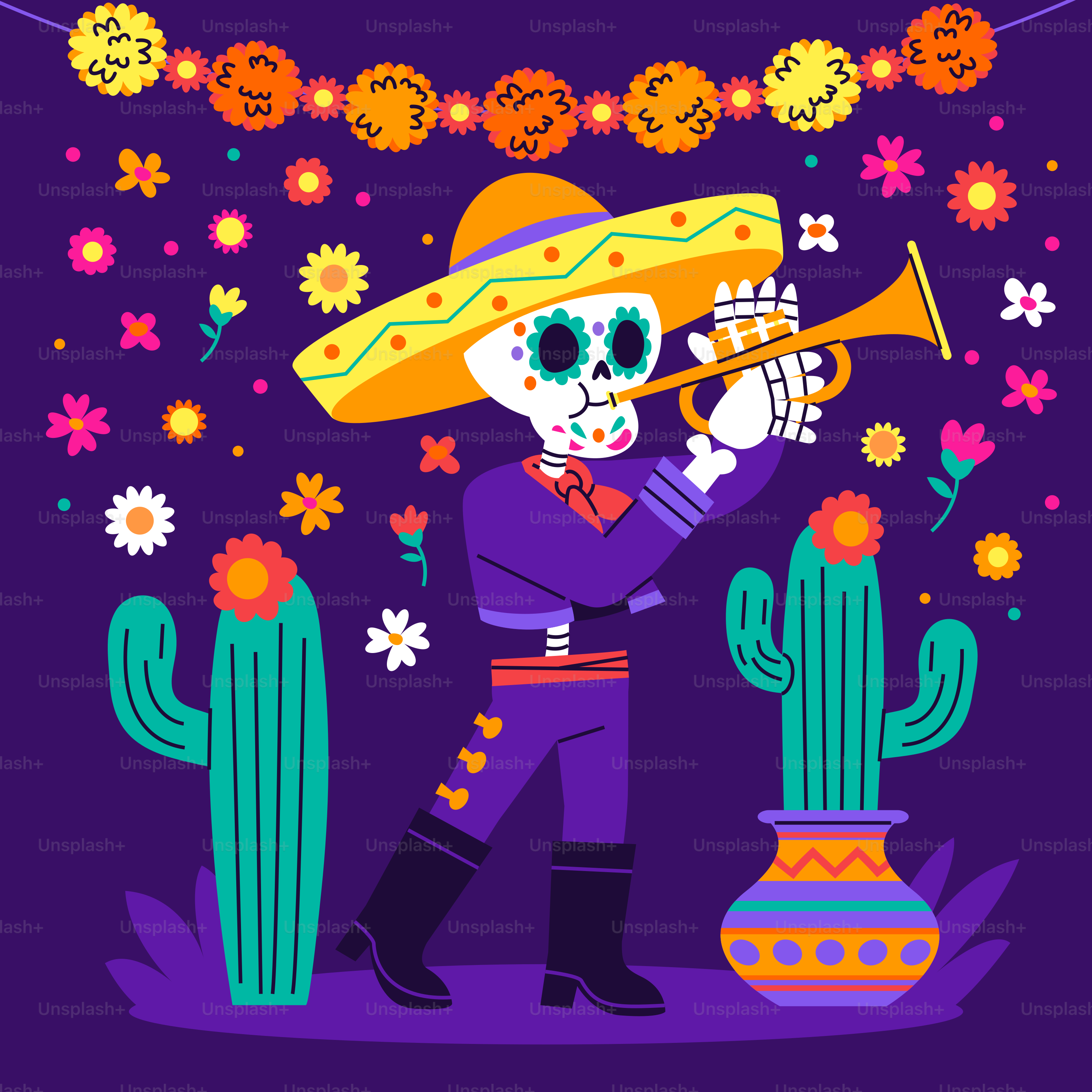 Skelett Mariachi spielt Trompete mit Kakteen und Blumen