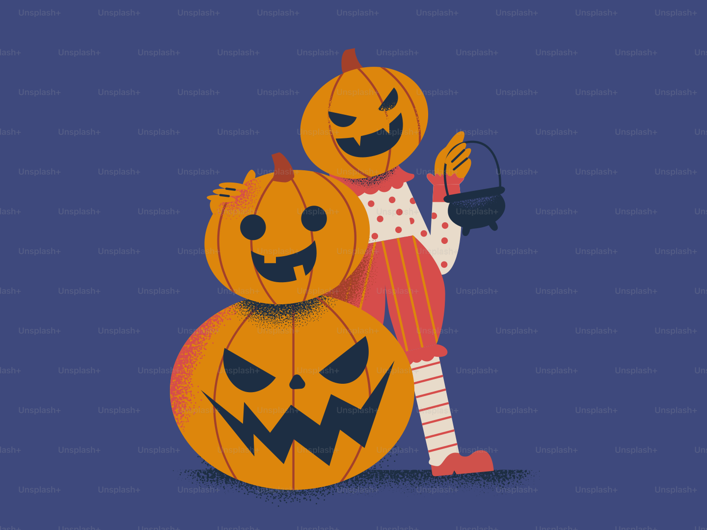 Halloween pumpkin characters with a candy bucket
