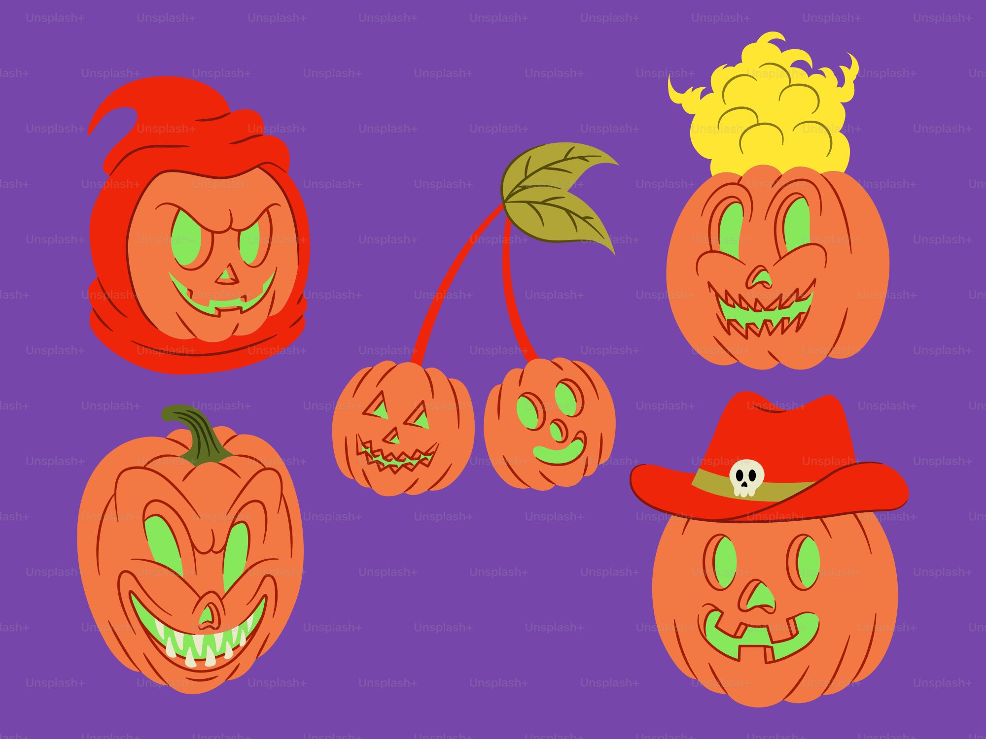 Five halloween jack-o'-lanterns and two cherries.