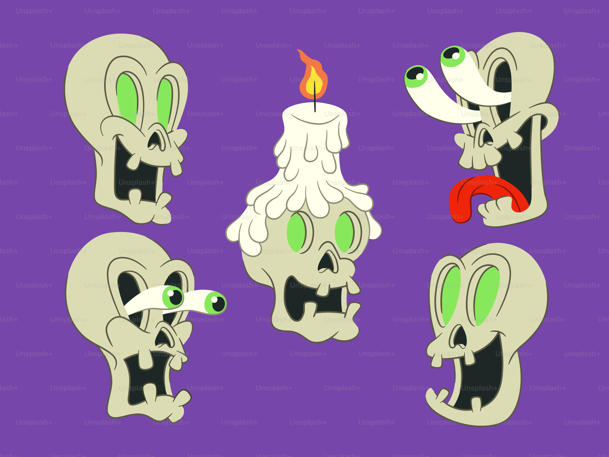 Cartoon skulls with glowing green eyes and expressions.
